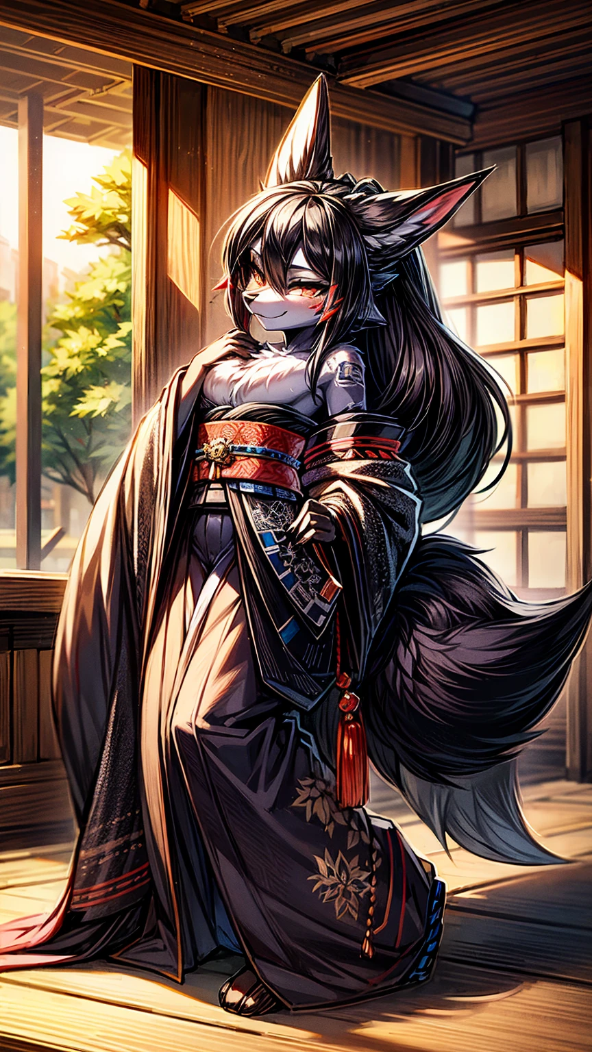 Masterpiece Best quality, the best definition to add aesthetic and lighting details, dark kitsune, Black girl jackal, teen girl, ,black body, japanese shrine landscape mt fujisan al fondo add_detail, golden tattoo body, sensual eyes, yellow pupil, glowing eyes, back pose, vista desde atras,tiene una cola peluda desde la base del coccis add_detail, mira sobre de su ombro, kimono outfit  sensual pose, brazos estirados 