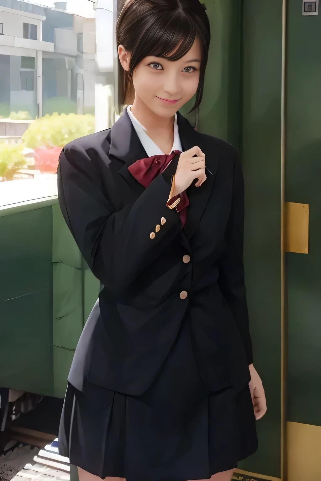 (masterpiece:1.2, Best Quality:1.2), 32K HDR, High resolution, (Alone、1 girl)、（Rooftop of a building during the day、Professional Lighting）、Building rooftop background、（JR woman train crew Uniform blackを着たリアルスタイル）、（（JR female train attendant uniform black white blouse short sleeve 、Black knee-length wrap culottes、Black jacket、scarf））、dark brown hair、（Long Hair、Hair tied up、Hair tied up）、dark brown hair、Long Shot、Big Breasts、Thin legs、（（Great hands：2.0）），（（Harmonious body proportions：1.5）），（（Normal limbs：2.0）），（（Normal finger：2.0）），（（Normal eyes：2.0））)、smile、（JR female flight attendant uniform black knee-length wrap culottes skirt beautiful posture）、Hands down