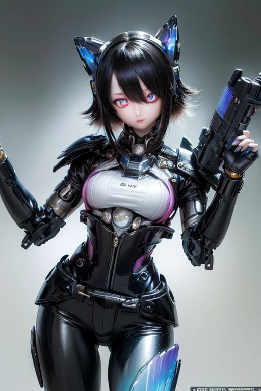 a girl with a full black robotic body, featuring sleek and high-tech components. She has short black hair, blue eyes, and an angry expression. She wears a robot mask that partially covers her face, blending seamlessly with her polished mechanical limbs and torso. The subtle lights and mechanical joints of her body enhance the contrast between her human-like features and her robotic form.