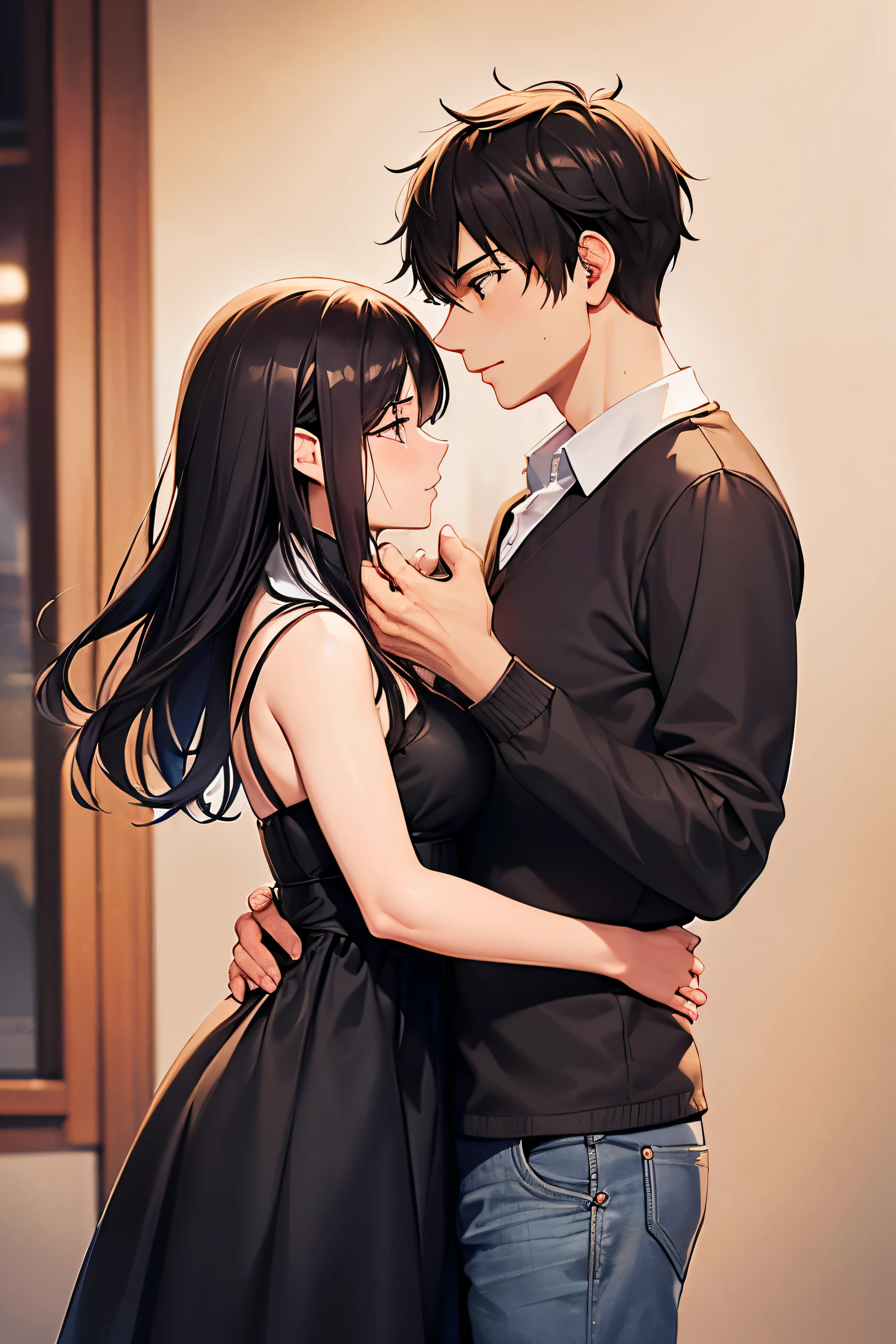 nsfw,((1man and 1woman,hug)),man hugs woman from behind、man's hand touches woman's breast:1.5),(The man is wearing a black formal suit、black short hair、long bangs), break ((perfect anatomy:1.2,realistic,:1.3,RAW Photography:1.3,masterpiece、highest quality、Ultra - High resolution、High resolution、Highly detailed CG、8K)),cowboy shot, break (1 female,solo,20-year-old,beauty of japan,beautiful detailed face and eyes,big and gorgeous eyes),dark blue eyes,(black hair,long hair,blunt bangs),(medium breasts,slender body,small head:1.4, skinny), glowing skin,oily skin,walk、arms behind back,((shackles:1.5)),((white shirt with collar,long sleeve,navy pleated mini skirt、barefoot、loafer shoes)),(cum in vagina,cum on clothes,cum on body,excessive cum:1.5)、 bustling street、neon、at night、Tokyo、