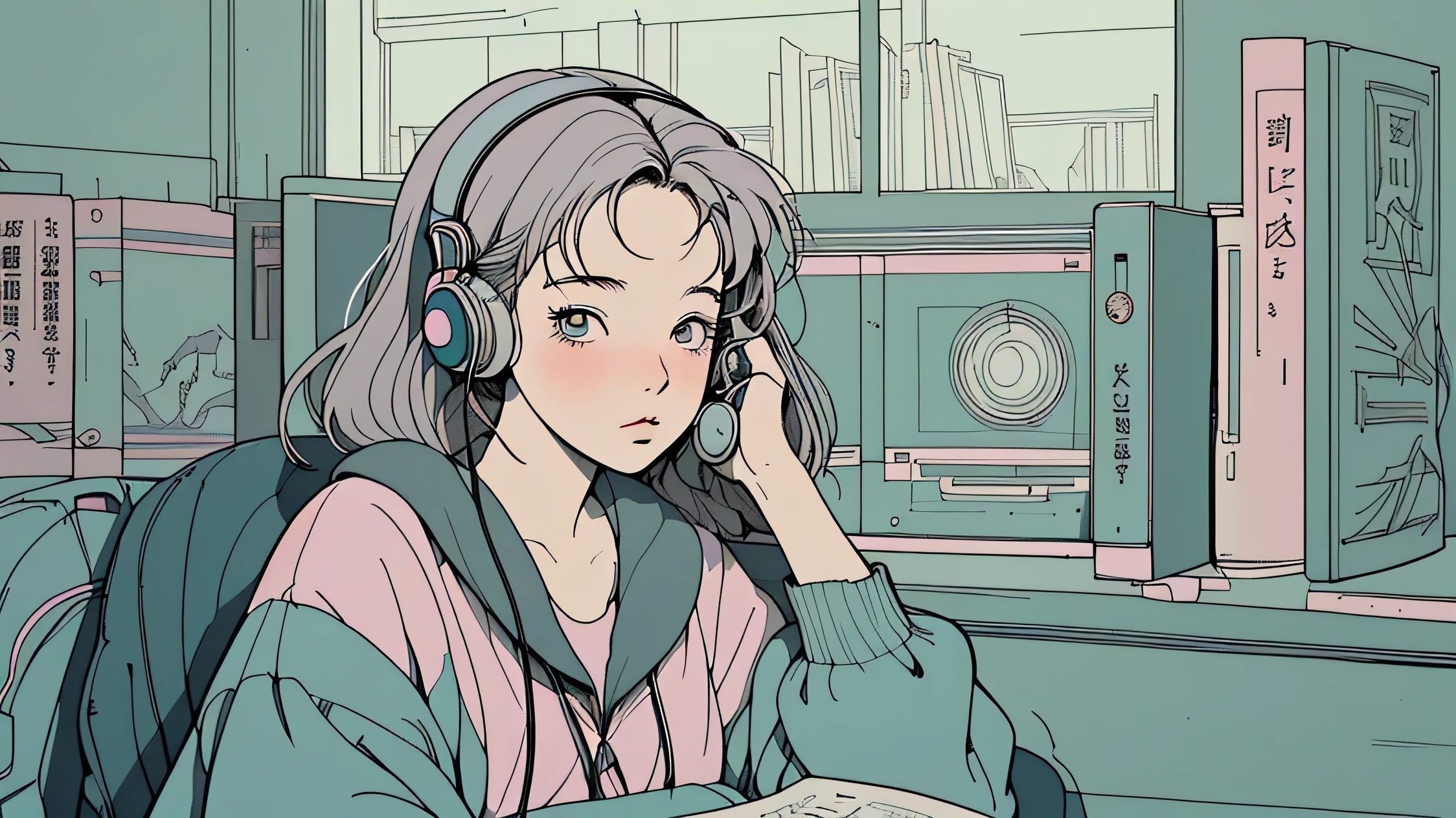 1girl,A girl studying in library, headphones, alone, Lofty Girl, Lo-fi Art Style, Lofty Girl aesthetic, By Gairan, anime aesthetics, relaxed mood, lo-fi illustration style