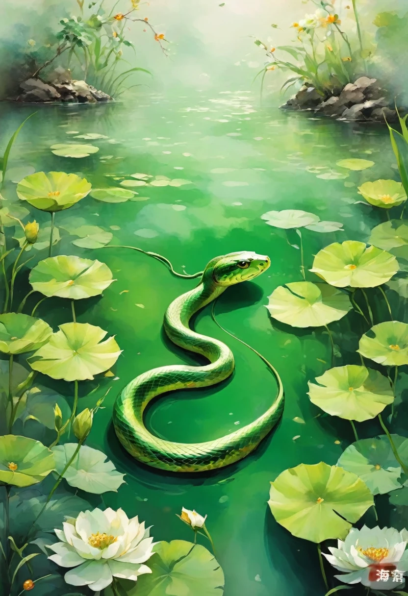 Green Snake in art. Ink painting of Green Snake swimming in a pond.