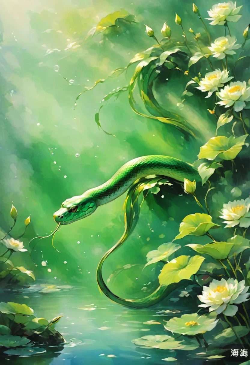 Green Snake in art. Ink painting of Green Snake swimming in a pond.