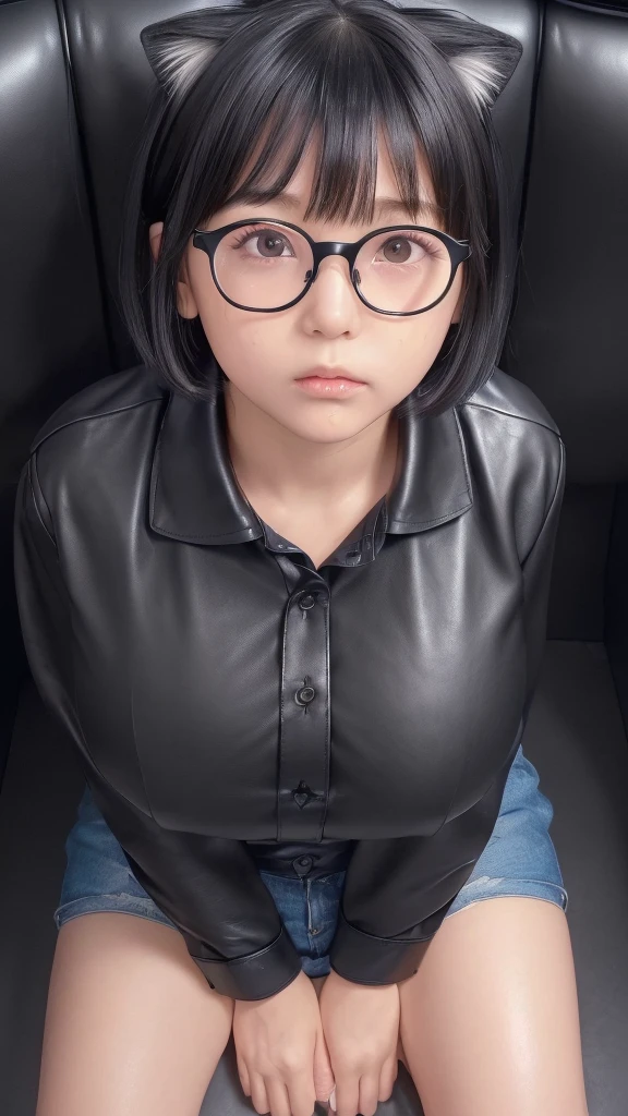 masterpiece, 8k,16k,((   living room  )),(((black eyes:1.10))),(((Subjective))),(((Cute ****** sister))),(((Bob hair))),(((bangs))),(((Droopy eyes:1.2))),Best Quality, (((Very detailed))), (((Textured skin))),(((No makeup))),(((black leather collared shirt))),((high short  leather mini shorts,))),(((***********************))),(((from front))),(((Glasses)))sofa,(((Directly above angle:1.5))), (((Plump thighs))), 
(((Close-up of face:1.8))),(((face focus))),(((Point slightly upwards))),(((Bring your face closer:1.4))),(((Move your mouth closer))),(((cat ear))),(((Sweaty))),(((Big Breasts:1.6))),(((Beautiful breasts))),(((fully clothed))),(((A shirt with all the buttons closed))),(((cum on clothes:1.3, excessive cum:1.3))),(((Hold your arms together))),(((Place hands on thighs))),(((Heavy breathing))),(((An inviting face))),(((うつ伏せ)))