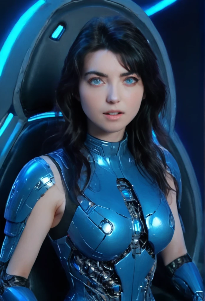 woman,Blue form mechanical body, Best Quality, masterpieceUltra high definition8k,Futuristic spaceship interior，サイバーパンクスーツを着たwoman，Black Hair，Shining blue eyes，Shortcuts, Best Quality, High resolution, Ultra high definition((High-tech spaceship interior illuminated with blue light)), ((Full body form))，