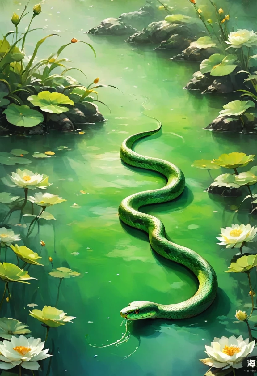 Green Snake in art. Ink painting of Green Snake swimming in a pond.