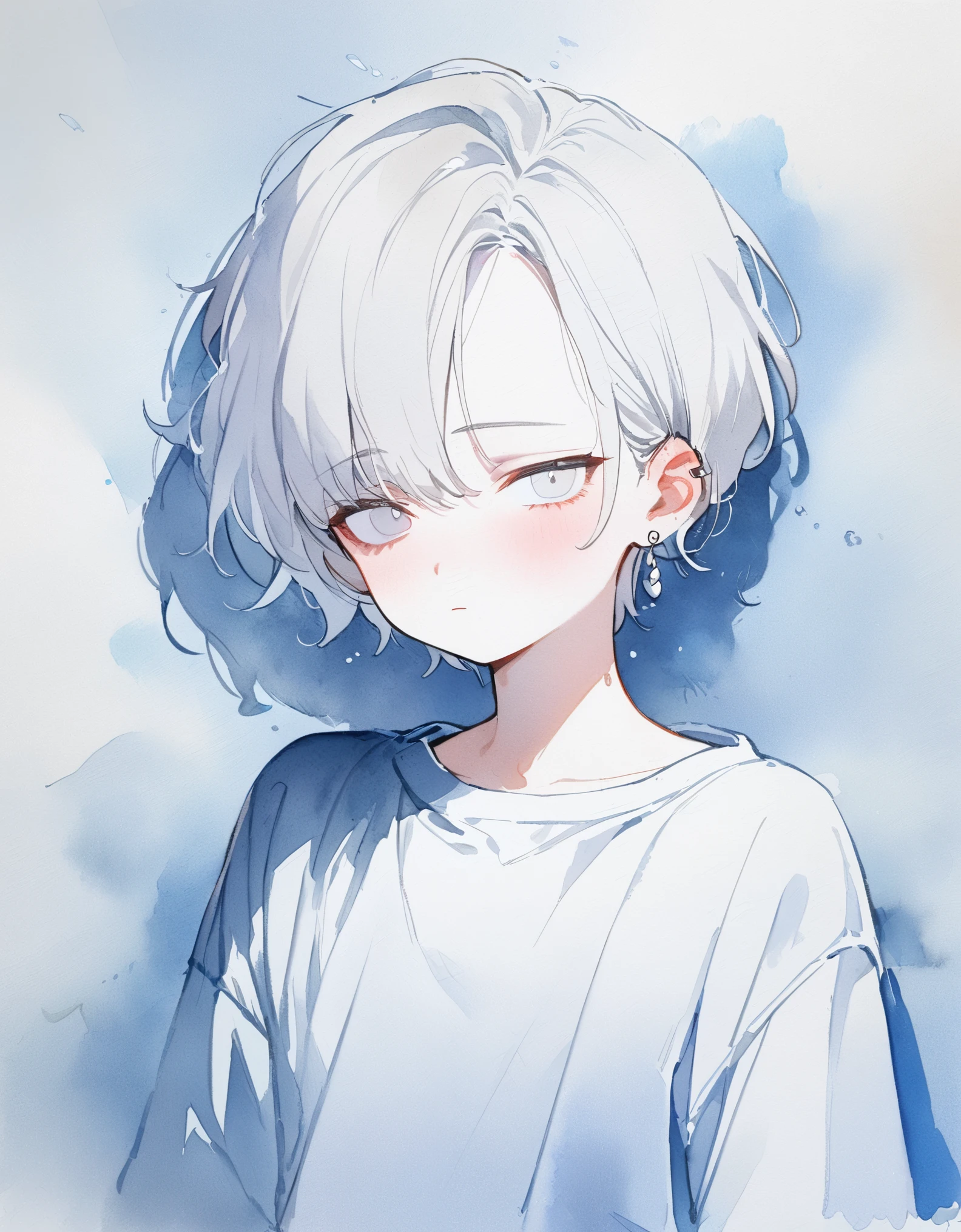 1 boy,[(white hair:1.2):(brown hair:1.2):0.6],(very short hair),(center part), white eyes,albino,sleepy,from front,looking viewer, cold face,tilt your head,cowboy shot,white blue shirts, black slacks,earrings,ear cuff,white Tone, watercolor , masterpiece,best quality,ultra detail,