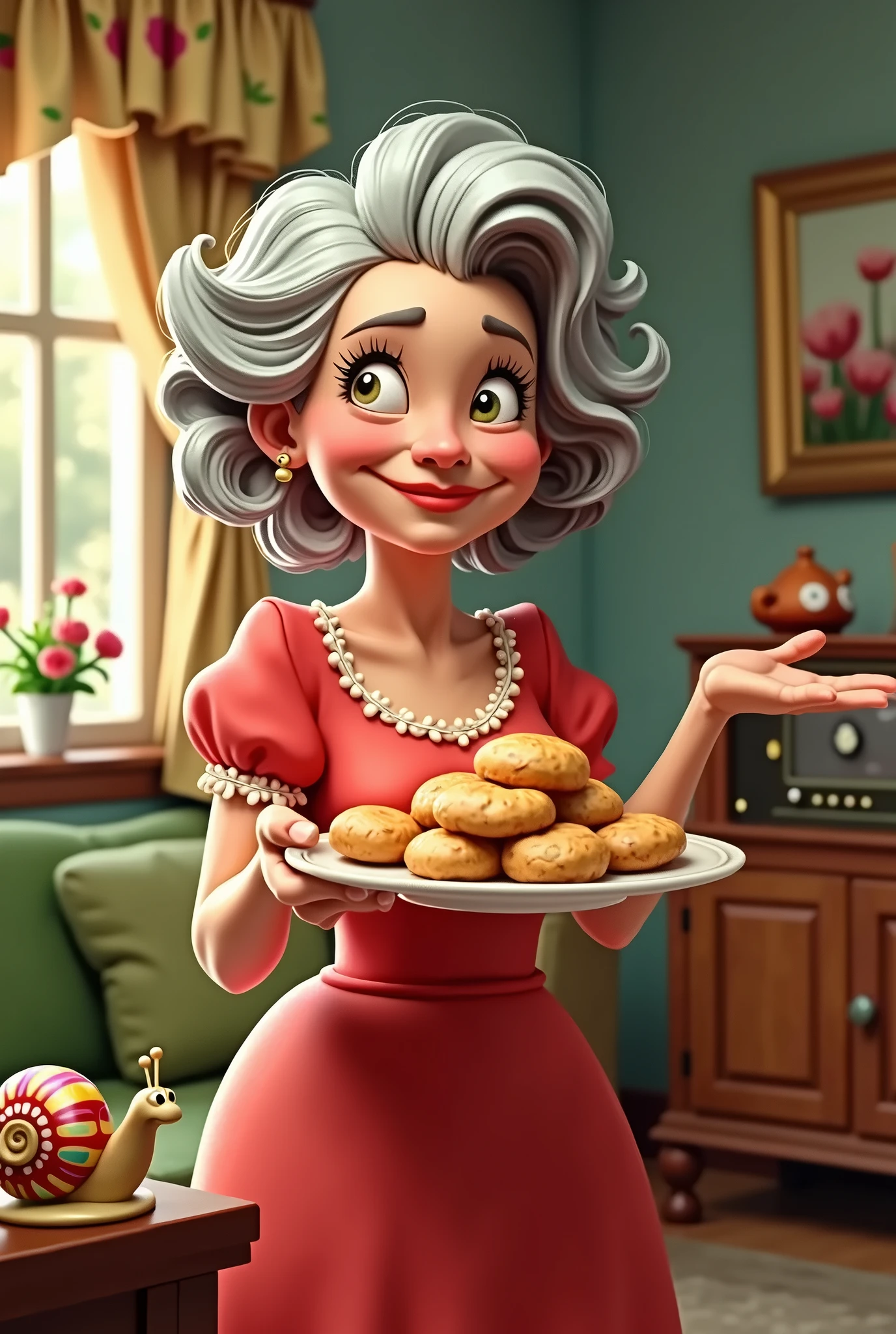 elderly woman with natural aged appearance, soft wrinkles, short curly gray hair, kind and warm smile, wearing a loose floral house dress with an exaggeratedly low neckline, slightly revealing more cleavage than expected for her age, modest body with a soft belly and small ?????, realistic elderly proportions, sitting comfortably in a vintage kitchen filled with warm sunlight, wooden furniture and floral curtains, holding a plate of pavê dessert, leaning slightly forward with an inviting smile, warm nostalgic atmosphere, natural sensual undertone, cozy lighting and intimate setting, subtle perfume bottle nearby. stily anime