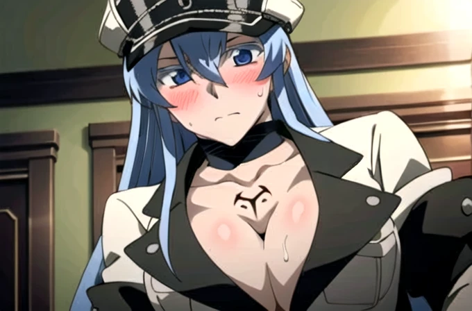 masterpiece, high quality, best quality, 1girl, esdeath, long blue hair, white peaked cap, blue eyes, white military uniform, long sleeves, white thigh high boots, choker, cleavage, anime screencap, anime key visual, femdom, sadism, penis, testicles, trampling, boots crushing penis, stepped_on, penis, sadism, cum on boots, footjob, nsfw, uncensored