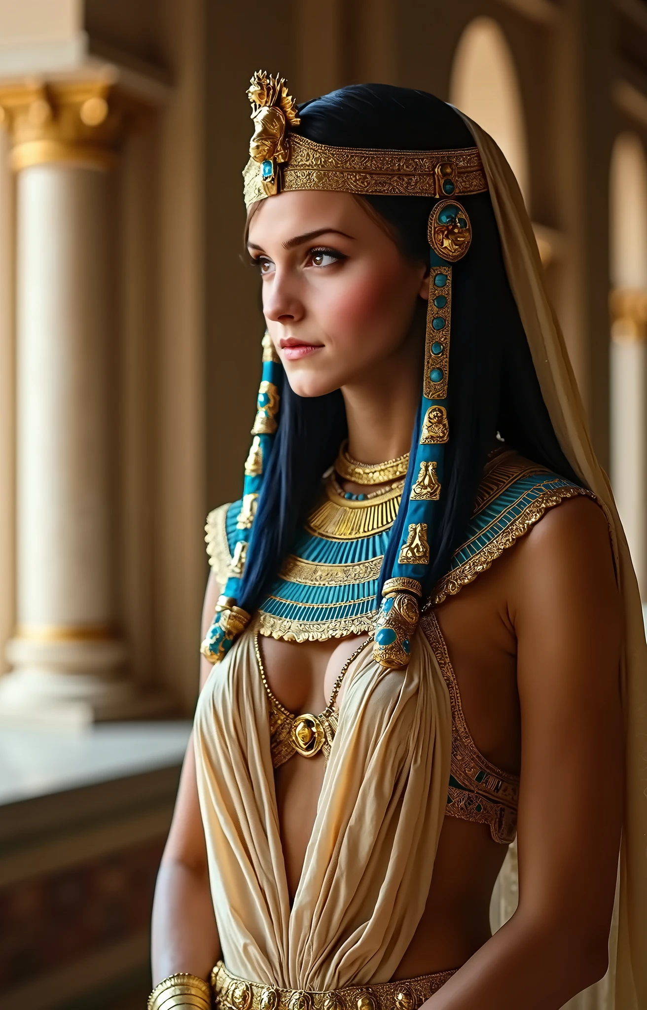 (best quality,4k,8k,highres,masterpiece:1.2),ultra-detailed,(Ultra-realistic, photorealistic,photo-realistic:1.37), ((whole body)), samdoesarts style award winning whole body portrait of a beautiful woman, (((Perfect feminine face)),((Ancient Egyptian Clothing)), Gazebo, Complex, ( Beautiful details in the eyes),((hairpin, Twisted Hair, Double Ball Head)), (sunlight), Shadow graphic illustration, Digital Art, Art Station Trends, Very detailed, Fine details, Complex, Artgerm, Rutkowski and Alphonse Mucha's Art, hyper real skin texture, super detailed skin texture, moist skin