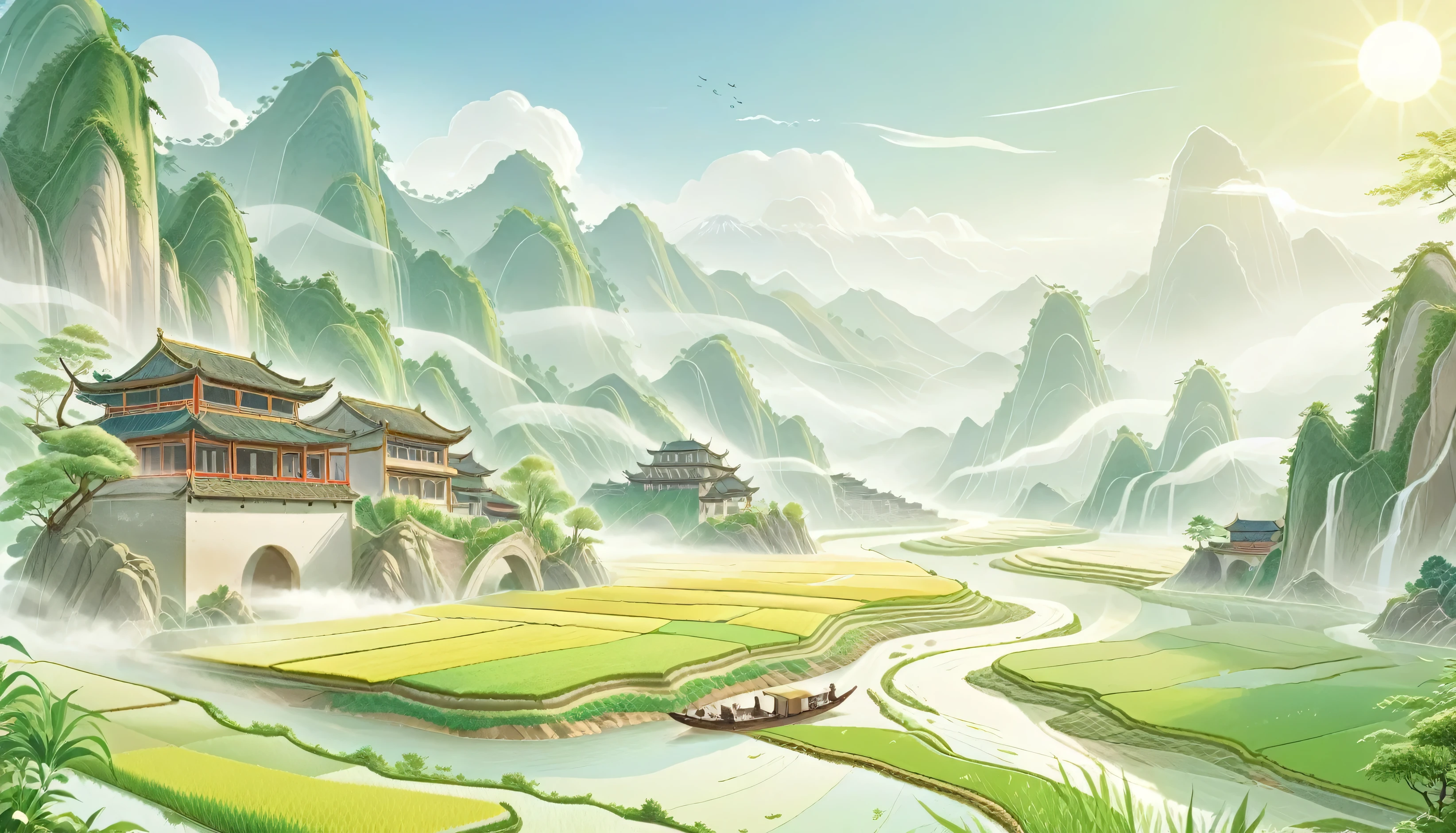 Great upward perspective，Large scene space，A large Chinese town surrounded by mountains and forests，Rice fields and river，Green Trees，Morning Sunshine，Beautiful scenery，Mainly line illustrations，Simplicity