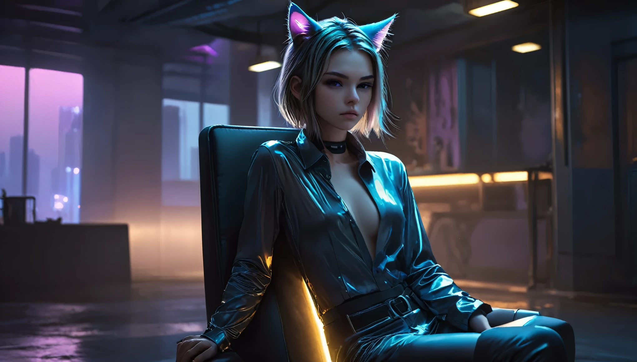 8k, super detail, best quality, UHD, textured skin, ((((barely  girl, with cat ears and choker, in a shiny silky shirt with revealing and plunging cleavage)))), ((small perky breasts, beautiful detailed eyes, beautiful detailed lips, small closed mouth, extremely detailed face, pale skin, random long hairstyle, small hips, in a cyberpunk apartment sitting on a chair, fear on the face)), moody atmosphere, dramatic and random colors, futuristic setting, intricate details, night, backlight, full body shot, view from a distance, random pose