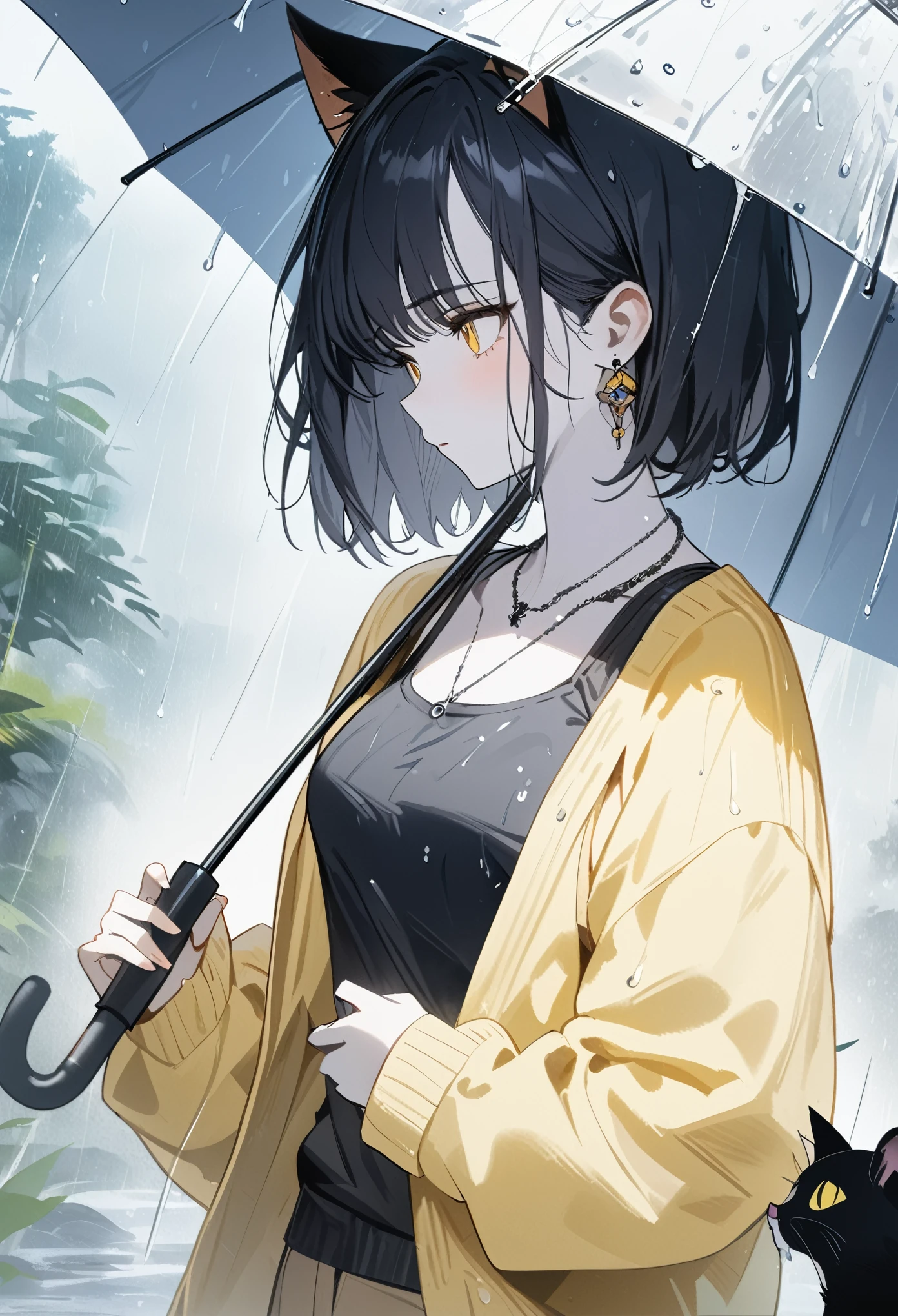 a girl,(Black cat ears), black hair,short hair, albino with yellow eyes,wearing black tank top, holding umbrella,yellow cardigan,slacks,from front,looking away,earrings, necklaces,no breasts, in rain, pale skin tone, (best quality,4K,8k,highres,masterpiece:1.2),ultra-detailed,