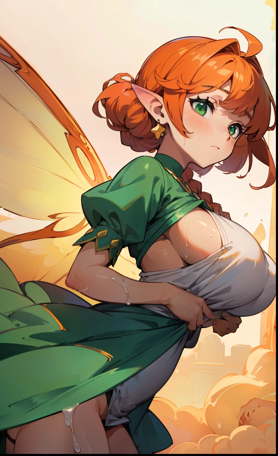 nsfw,(((masterpiece))), Best Quality, Beautiful fairy woman, Very detailed, Cute and lively, fuchsia_Mini Dress, Shiny skin, Long Orange Hair, Green Eyes, pointy earsfairy wings, Fantasy Background, Magical、Huge Breasts:1.2、skirt lift:1.2、(Angle from the front:1.5)、Braids、Overflowing Sex Fluids