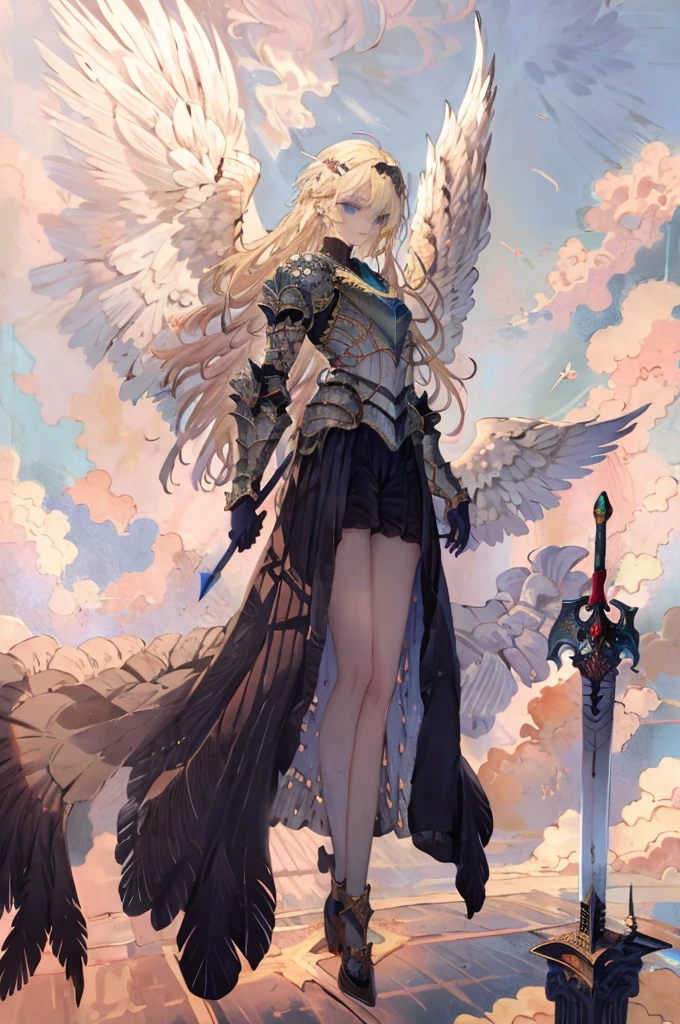 ((Best Quality)), ((masterpiece)), (detailed),An angel with large bird of prey wings and knees raised to his chest, Landing Wings,Makeup,Silver Armor,Sacred atmosphere,Helmet with feathers,(Blonde long hair),blue eyes,Beautiful Face,Slim and toned body.,Brave, (Long Greaves),Sheer long skirt,Has a long sword,Above the clouds,blue sky,Floating,