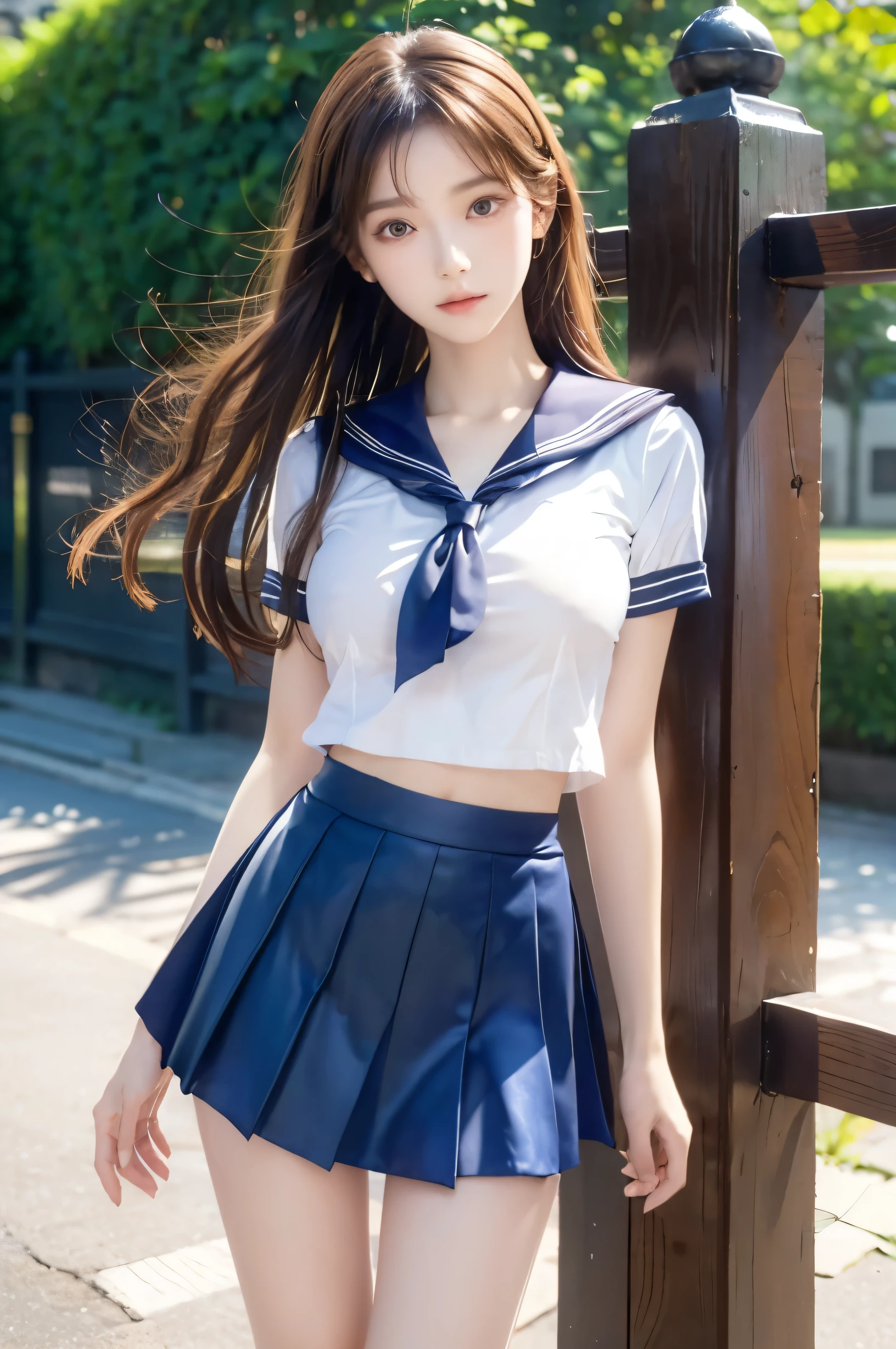 (Ultra HD), (Looking at me), (Short-sleeved sailor uniform, Navy blue mini skirt), Big Breasts, Super beautiful breasts, Slender, (Thin legs:1.2), (Thin thighs:1.2), (Thin Hips:1.4), (Beautiful Skin, Shiny skin, White skin), (Super slim face, Super beautiful face, No makeup, Smile:0.6), (Light Brown, Long Hair, Layered Cut, Fluffy hair), (Big eyes:1.3, High corners of the eyes:1.6, Double Eyelids), (Thin eyebrows:0.1), (Small Nose:0.6), (Thin lips:0.6), Beautiful Hands, Empty-handed, Standing, In front of the school gate