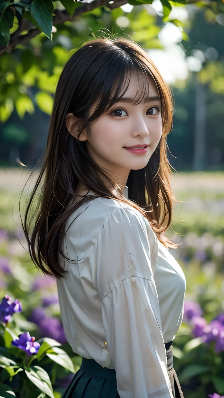 highres, ultra detailed, photorealistic, 1 beautiful japanese girl, highly detailed beautiful face, medium hair, light smile, darkgreen blouse, brown flare skirt, walking, in the balloon flower field, soft lighting, Bellflower field