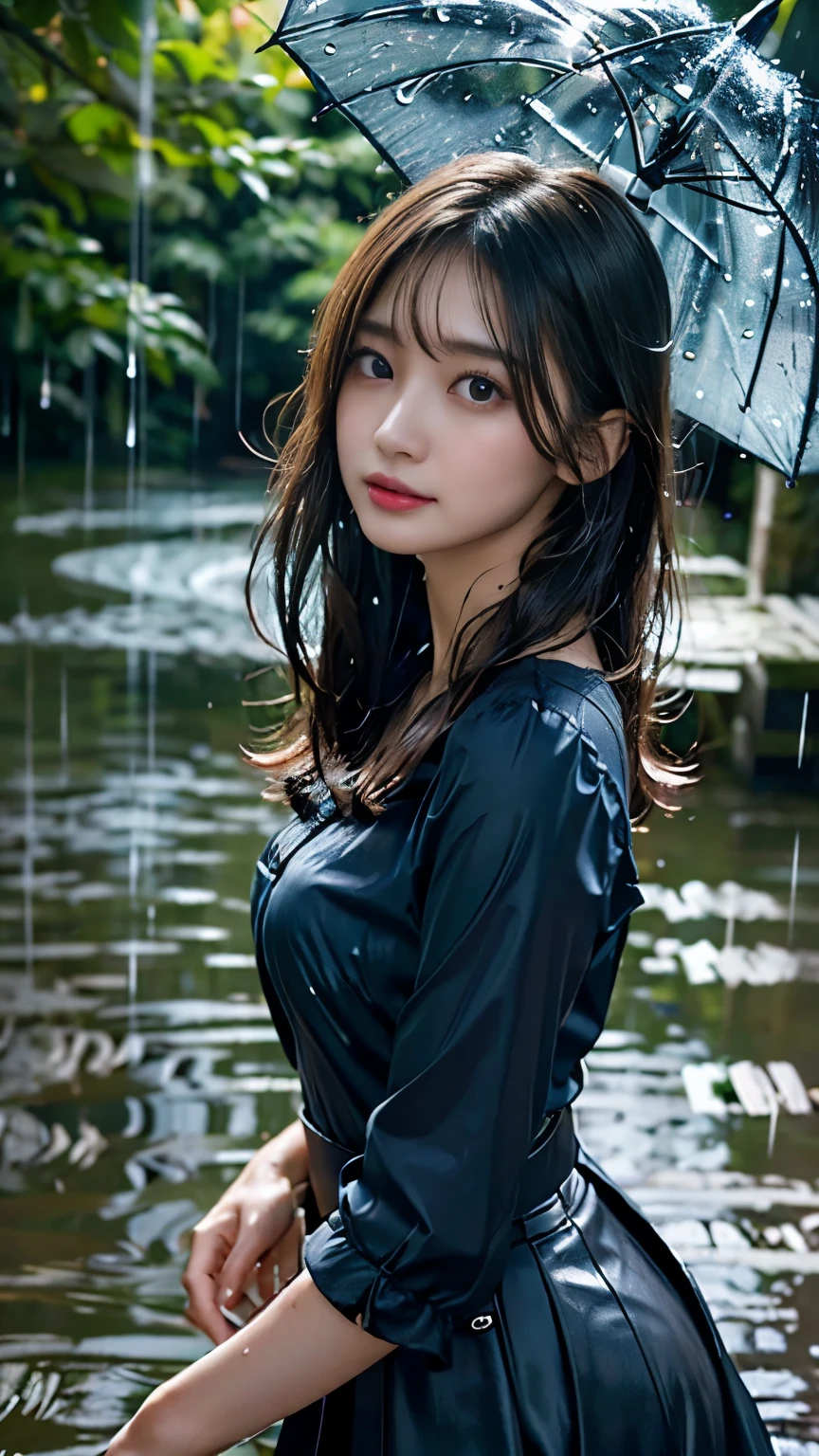 highres, ultra detailed, photorealistic, (raining heavily:1.4), 1 beautiful japanese girl, umbrella, highly detailed beautiful face, medium hair, shy, wet dark blue blouse, wet dark red flare skirt, wet skin, wet hair, walking, in the forest, autumn , soft lighting