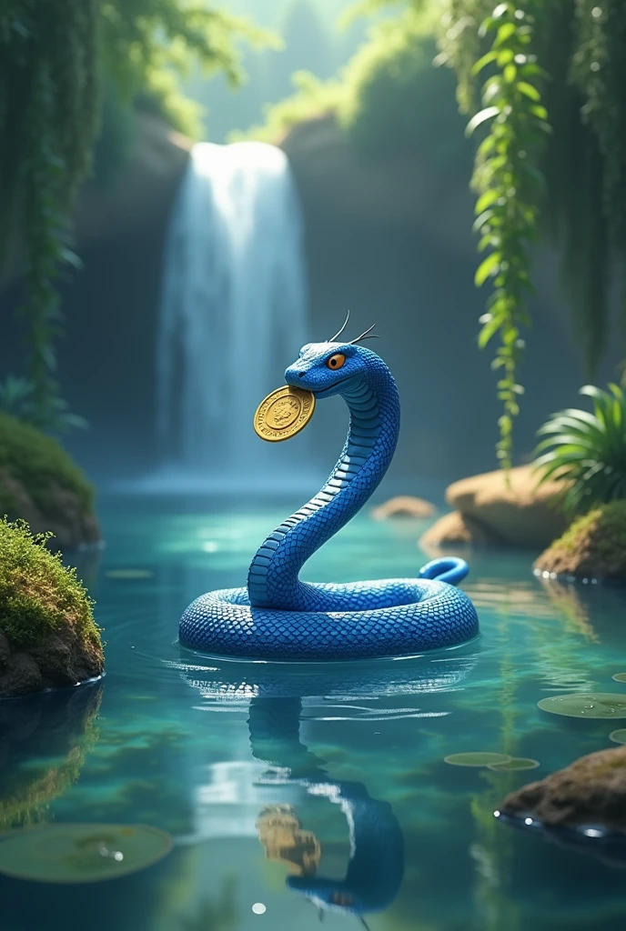  (best quality,8k,highres, masterpiece:1.2), (anime style),ultra-detailed, HDR, UHD, studio lighting, ultra-fine painting, sharp focus, physically-based rendering, extreme detail description, professional, vivid colors, bokeh, portraits, concept artists, warm color palette, dramatic lighting,(no human),Blue snake swimming in the water, holding a gold coin in its mouth, calm expression, pond in the forest, waterfall nearby,