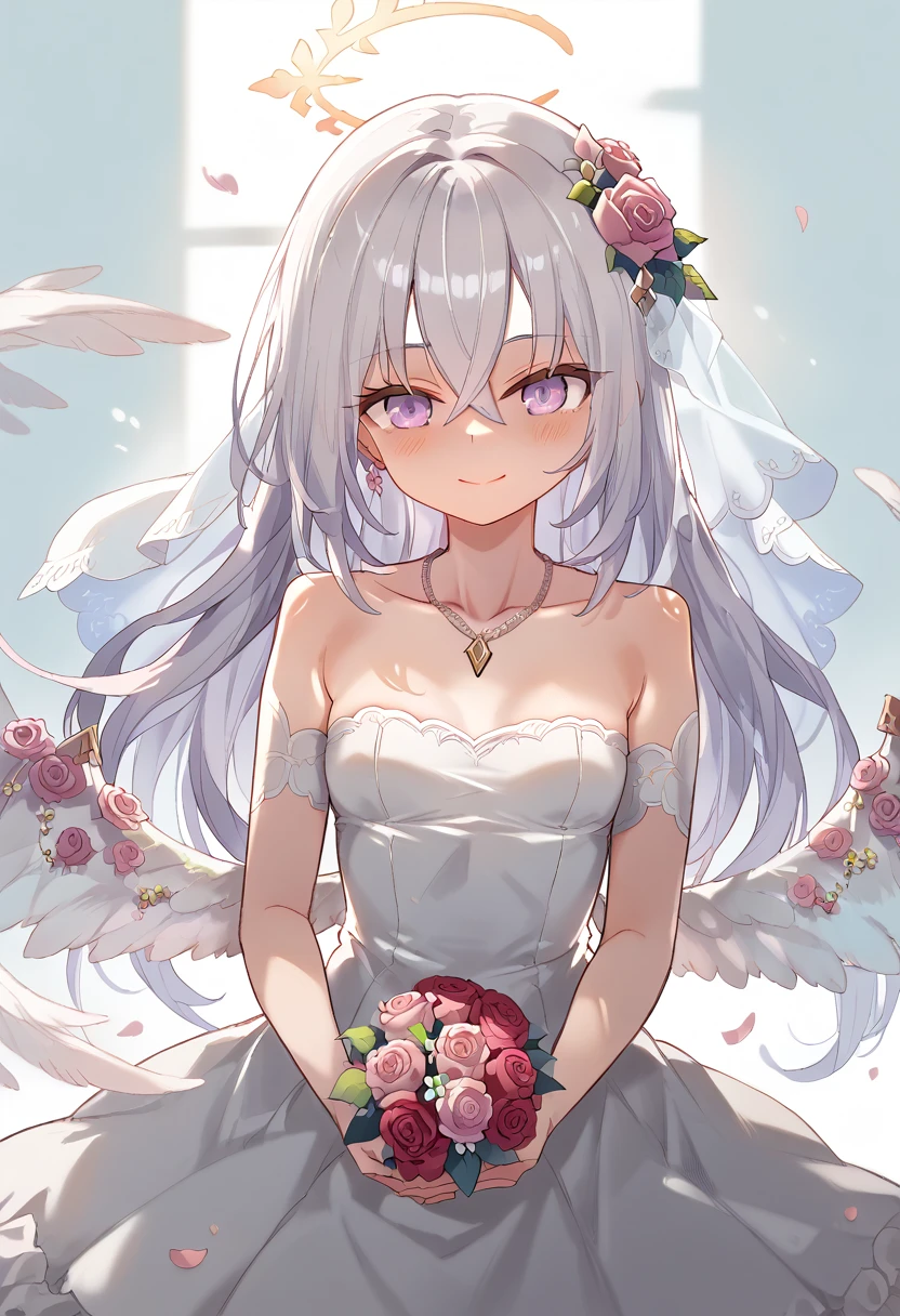 azusa (blue archive), 1girl alternate_costume angel_wings bare_shoulders blush bouquet breasts bridal_veil bride cleavage closed_mouth collarbone dress feathered_wings flower hair_between_eyes halo holding holding_bouquet jewelry long_hair looking_at_viewer small_breasts necklace out_of_frame pink_flower pink_rose pov pov_hands purple_eyes rose solo_focus strapless strapless_dress veil very_long_hair wedding_dress white_dress white_flower white_hair white_rose white_wings wings smile masterpiece, best quality