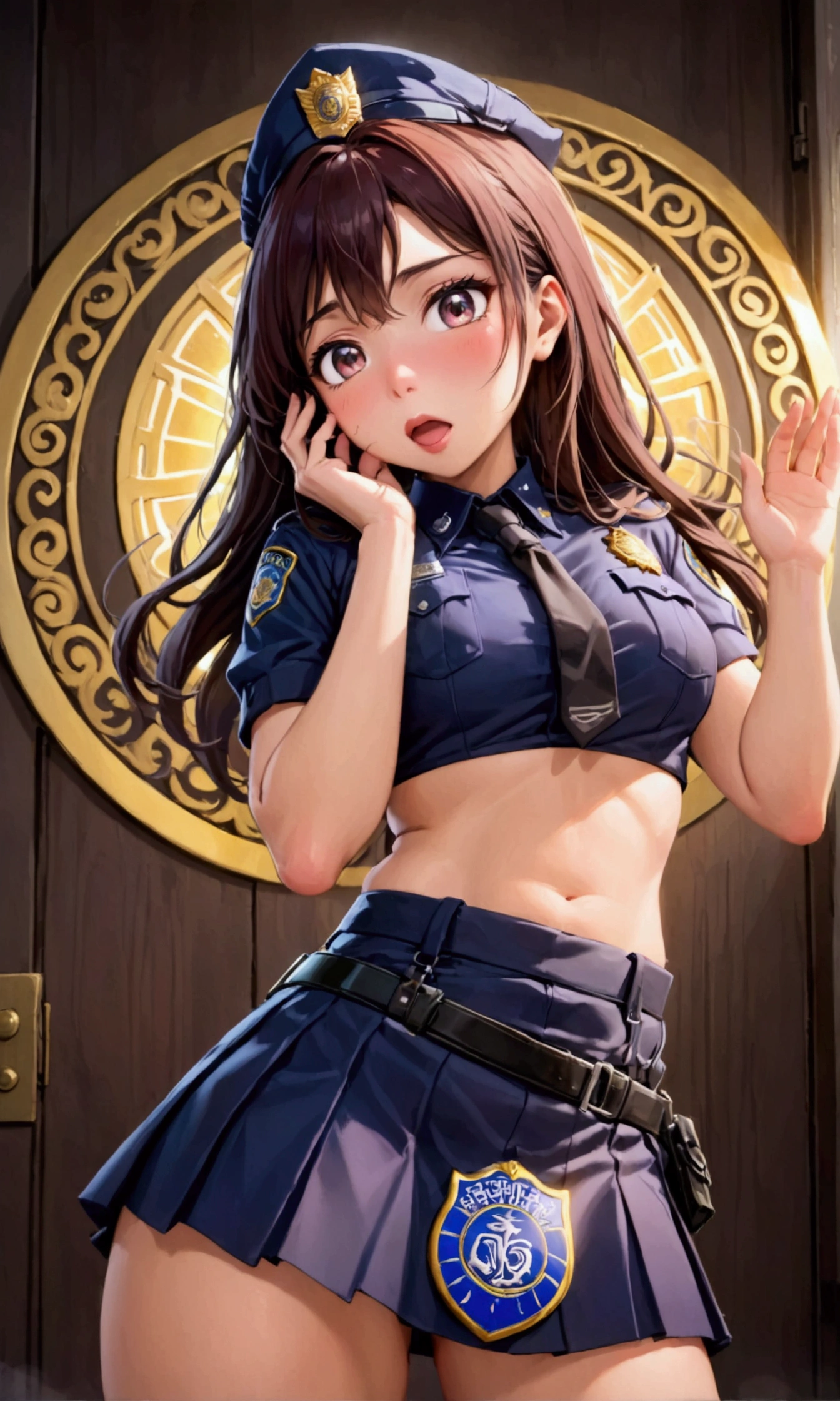 cute yuna (age 25, sexy outfit with miniskirt, PSI police emblem) she is touching her head withher hand and has a surprised expression, she has a corona of swirling psychic energy, Bangkok
