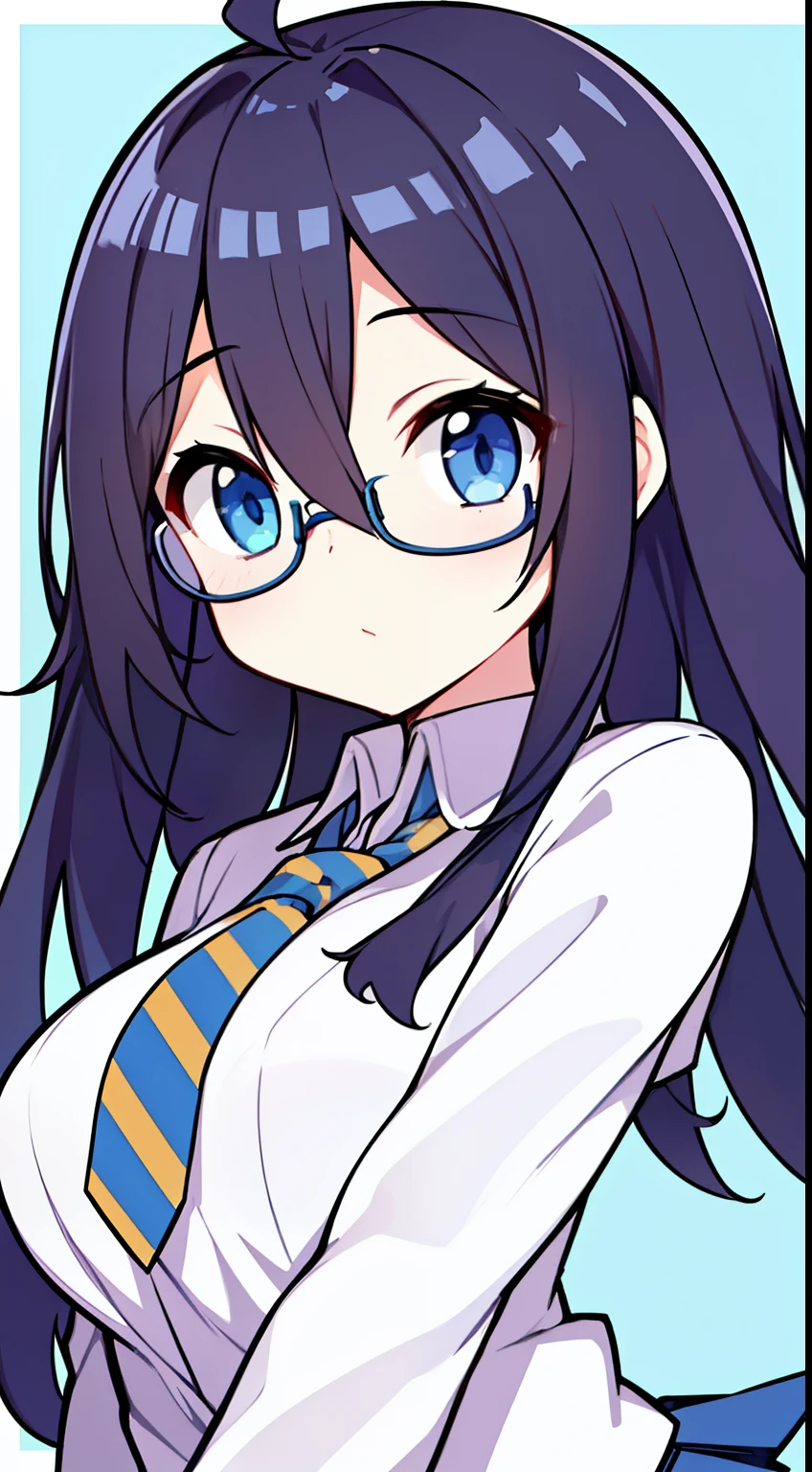 (highest quality、masterpiece:1.2), 1girl, blue eyes, black hair, ahoge, long bob hair, glasses, round lens, gold plated glasses frames, school uniform, light blue shirts, y-shirt, navy skirt, pleated skirt, blue and white striped necktie, thigh-highs, upper body, beautiful and well-shaped face、(blue background:1.1), simple background, White border around the character、diagonal、Upper body only