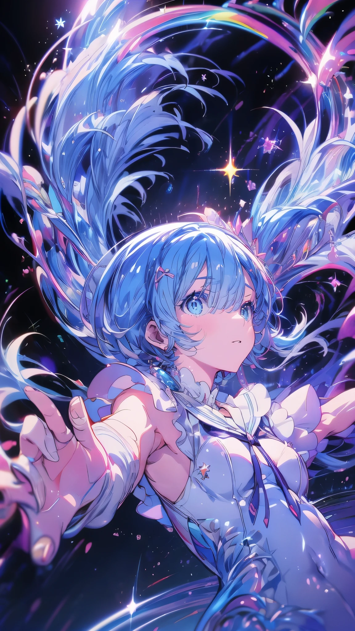 Shining like a star, Angelのような笑顔, Watching over us floating in the night sky, Shining Star々, Angel, Bringing Happiness, ＪＫ, high school student, Sailor suit, Shiny sky blue hair、Demonic aura、bangs over right eye、Best Quality、