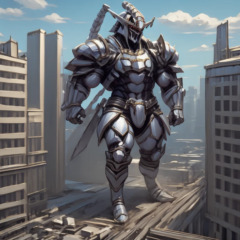 (masterpiece, best quality, 8K, SOLO, FULL BODY, 1boy,), 
(covered in full silver armor. Hyunckel with sleek silver armor. shining silver armor. white cape. full plate armor. heavy metal armor. no face.)
(dominating, macro, giant, size difference:1.5, landscape dwarfing, macro:1.3)

(Medieval city background, A giant Hyunckel is destroying the city with an angry expression. An arrogant expression. smile at the corner of your mouth.)

(thick muscles, bulky muscles, thick arms, thick thighs, huge thighs, thighs, huge legs, thick legs, smug expression. Detailed Body. Detailed abs. gigantic muscles. HYPER MUSCLES. Gigachad Muscular. big muscle. pecs. triceps. traps. unusually developed muscular body).