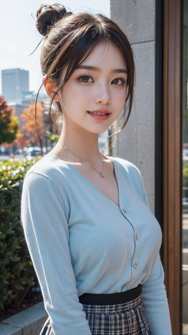 Best Quality, Masterpiece, Beautiful and Aesthetic, 16K, (HDR: 1.4), High Contrast, Bokeh: 1.2, Lens Flare, (Vivid Colors: 1.4),cinematic lighting,depth of field, film lighting, ambient light, side light, exquisite details and textures, cinematic lens, warm tones, (bright and intense: 1.2), wide-angle lens, hyper-realistic, (knee-length view), BREAK 1 girl,Japanese,22 yo,beautifull detailed face,A smile with a little visible teeth,(Slender body:1.5),((Wearing a cardigan)),pastel clothing, ((Have a small handbag)), Beautiful detailed skin,Skin Texture,Floating hair,((fluffy hairstyle)),Black semi-long wavy hair, saggying breasts with good shape,(cleavage),cheerful pose,day,daylight,outdoor,braless,