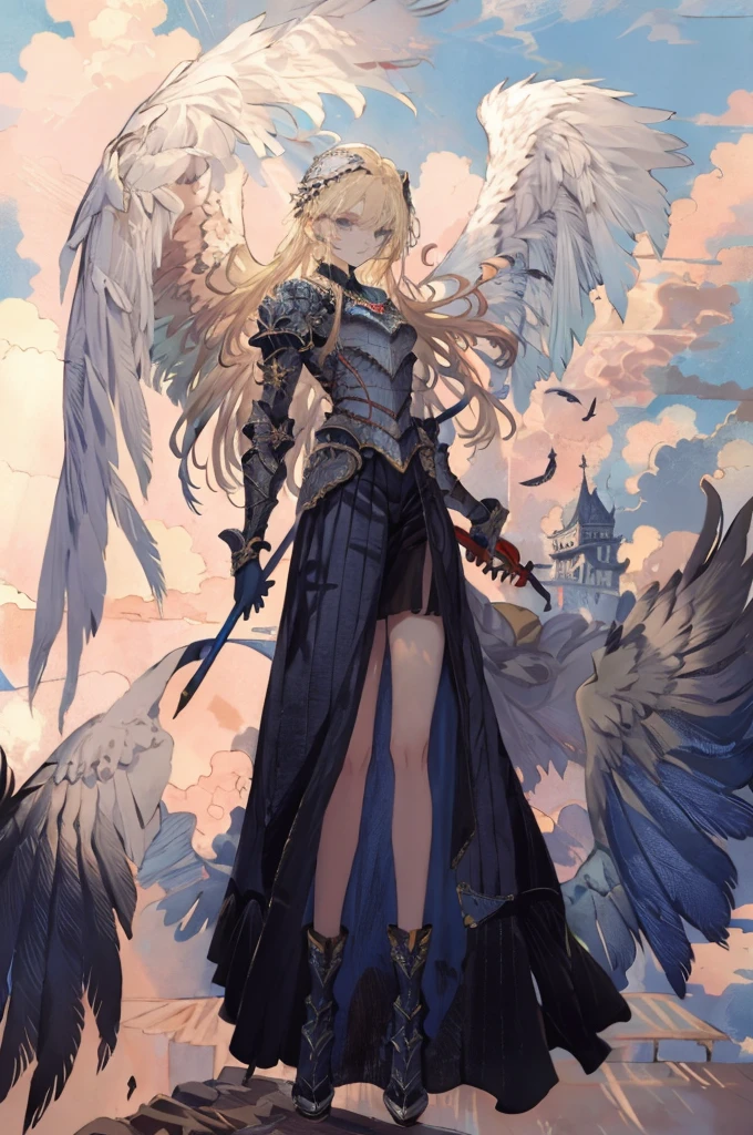 ((Best Quality)), ((masterpiece)), (detailed),An angel with large bird of prey wings and knees raised to his chest,Looking Down,Feet out of the screen, Dynamic Wing,Makeup,Silver Armor,Sacred atmosphere,Helmet with feathers,(Blonde long hair),blue eyes,Beautiful Face,Slim and toned body.,Brave, (Long Greaves),Sheer long skirt,Has a long sword,Above the clouds,blue sky,Floating,