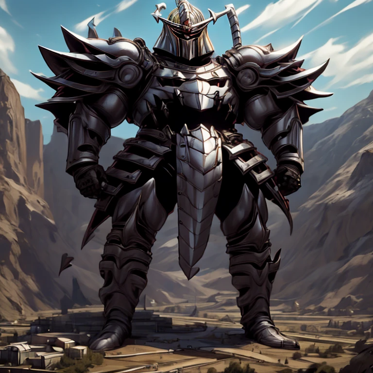 (masterpiece, best quality, 8K, SOLO, FULL BODY, 1boy,), 
(covered in full silver armor. Hyunckel with sleek silver armor. shining silver armor. white cape. full plate armor. heavy metal armor. no face.)
(dominating, macro, giant, size difference:1.5, landscape dwarfing, macro:1.3)

(Medieval city background, A giant Hyunckel is destroying the city with an angry expression. An arrogant expression. smile at the corner of your mouth.)

(thick muscles, bulky muscles, thick arms, thick thighs, huge thighs, thighs, huge legs, thick legs, smug expression. Detailed Body. Detailed abs. gigantic muscles. HYPER MUSCLES. Gigachad Muscular. big muscle. pecs. triceps. traps. unusually developed muscular body).