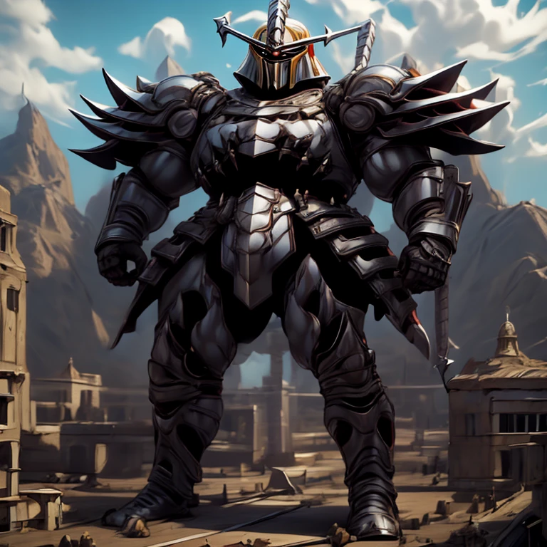 (masterpiece, best quality, 8K, SOLO, FULL BODY, 1boy,), 
(covered in full silver armor. Hyunckel with sleek silver armor. shining silver armor. white cape. full plate armor. heavy metal armor. no face.)
(dominating, macro, giant, size difference:1.5, landscape dwarfing, macro:1.3)

(Medieval city background, A giant Hyunckel is destroying the city with an angry expression. An arrogant expression. smile at the corner of your mouth.)

(thick muscles, bulky muscles, thick arms, thick thighs, huge thighs, thighs, huge legs, thick legs, smug expression. Detailed Body. Detailed abs. gigantic muscles. HYPER MUSCLES. Gigachad Muscular. big muscle. pecs. triceps. traps. unusually developed muscular body).