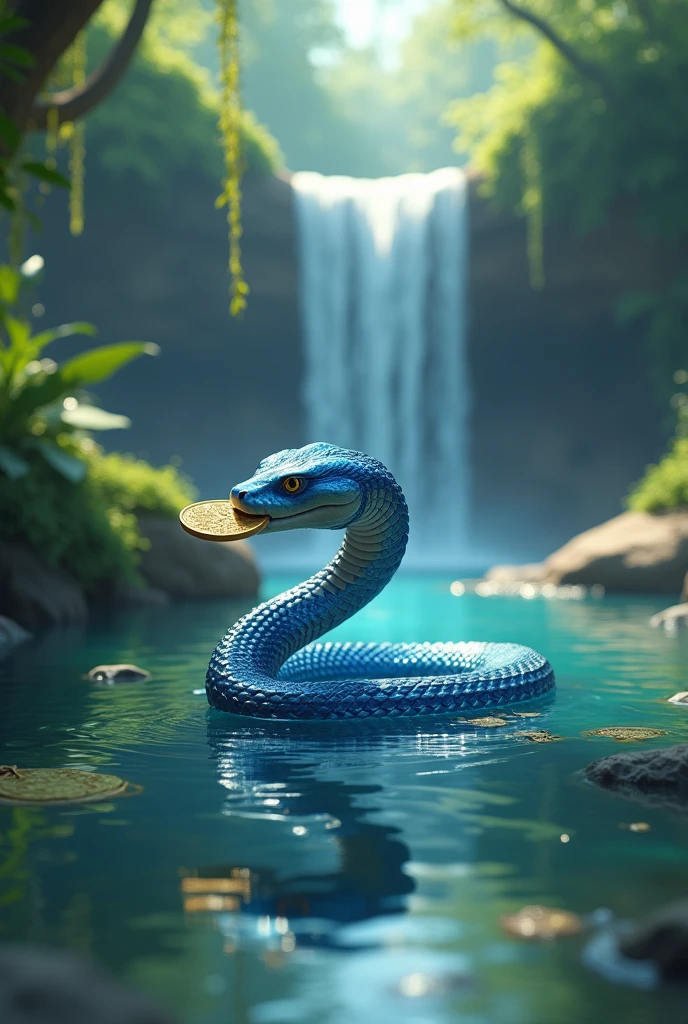  (best quality,8k,highres, masterpiece:1.2), (anime style),ultra-detailed, HDR, UHD, studio lighting, ultra-fine painting, sharp focus, physically-based rendering, extreme detail description, professional, vivid colors, bokeh, portraits, concept artists, warm color palette, dramatic lighting,(no human),Blue snake swimming in the water, holding a gold coin in its mouth, calm expression, pond in the forest, waterfall nearby,