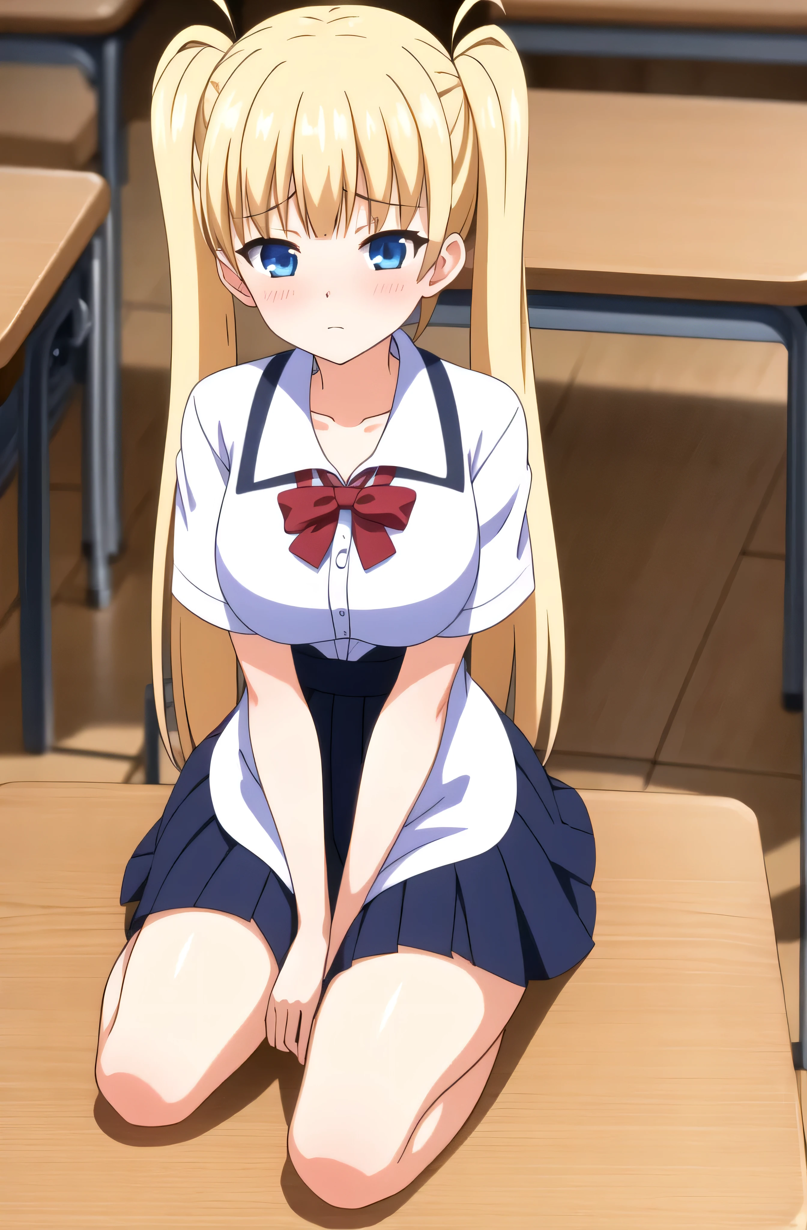 (masterpiece, Best Quality:1.2), absurdities, perfect anatomy, owtech, stylized, 1 girl, full body, blushing, shy expression, blunt bangs, Focus only, Soft lighting, (blue eyes), blonde hair, very long hair, twintails, Airi Akizuki, breast, beautiful and seductive girl, sexy body, sitting on a table in a school uniform, Juicy figure, breasts, at the school , Against the background of the classroom, schoolgirl outfit, sits down on the table