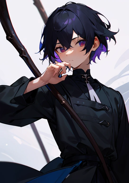 Young man、black、 Gothic、SF、Moe、Thick Coating、High image quality、、８k、High resolution、Hold a long stick、Fine skin、Short Hair、Character portrait