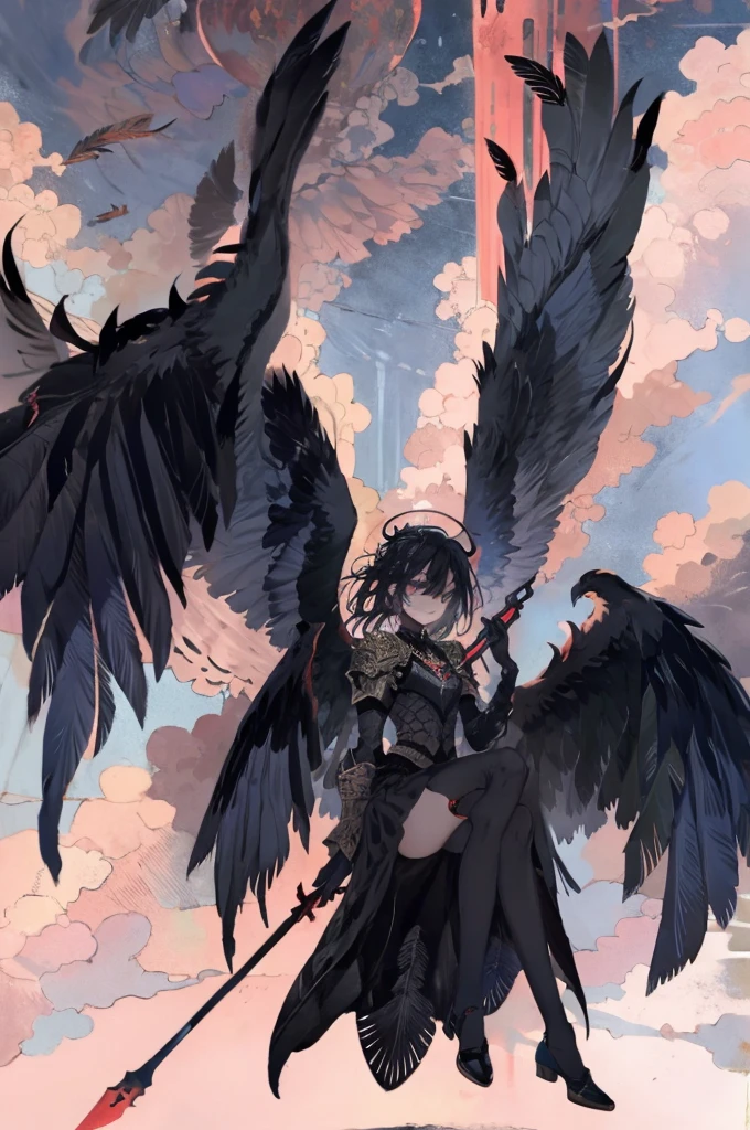 ((Best Quality)), ((masterpiece)), (detailed),An angel with large black wings of a bird of prey sitting with knees raised to his chest,Looking Down,Feet out of the screen, Dynamic Wing,Makeup,Black Armor,Sacred atmosphere,Helmet with feathers, （Long black hair,Red Mesh),blue eyes,Beautiful Face,Slim and toned body.,Brave, (Long Greaves),Sheer long skirt,Has a long sword,Above the clouds,blue sky,Floating,