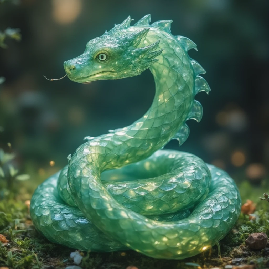 Best quality, very good, 16K, Ridiculous, Very detailed, Gorgeous(Green Snake)))，Made of translucent Ceramics, Background grassland（（A masterpiece full of fantasy elements）））， （（Best quality））， （（Intricate details））（8K）