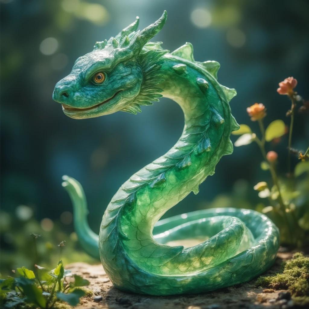 Best quality, very good, 16K, Ridiculous, Very detailed, Gorgeous(Green Snake)))，Made of translucent Ceramics, Background grassland（（A masterpiece full of fantasy elements）））， （（Best quality））， （（Intricate details））（8K）