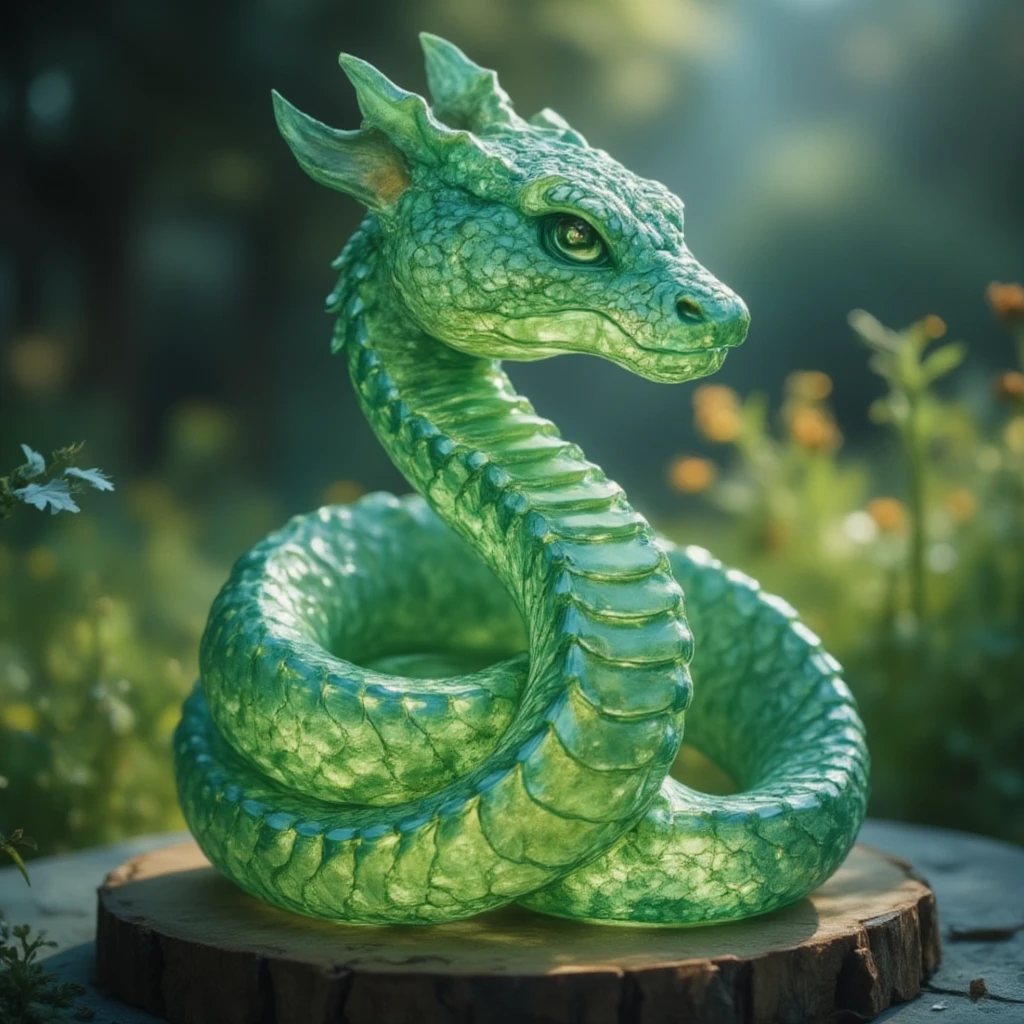 Best quality, very good, 16K, Ridiculous, Very detailed, Gorgeous(Green Snake)))，Made of translucent Ceramics, Background grassland（（A masterpiece full of fantasy elements）））， （（Best quality））， （（Intricate details））（8K）