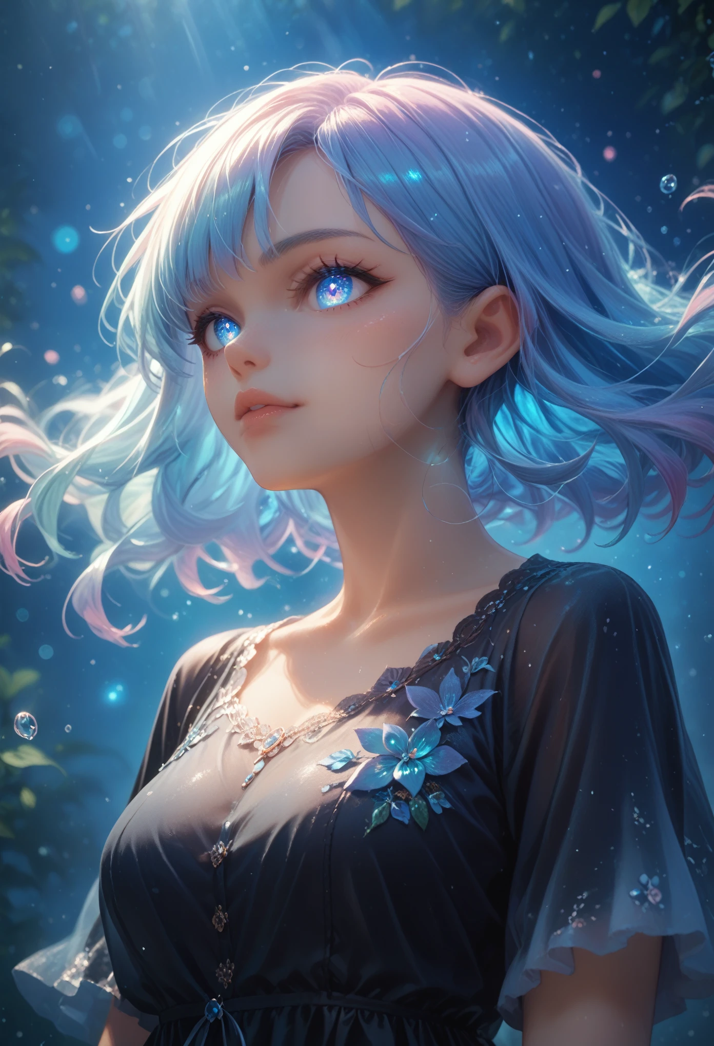 ((masterpiece)), (best quality), (detailed), (1 girl), (internal data flow) Light Blue Gradient Hair, light blue glowing eyes, straight hair, in a modern white shirt and black dress, covered in data particles, 