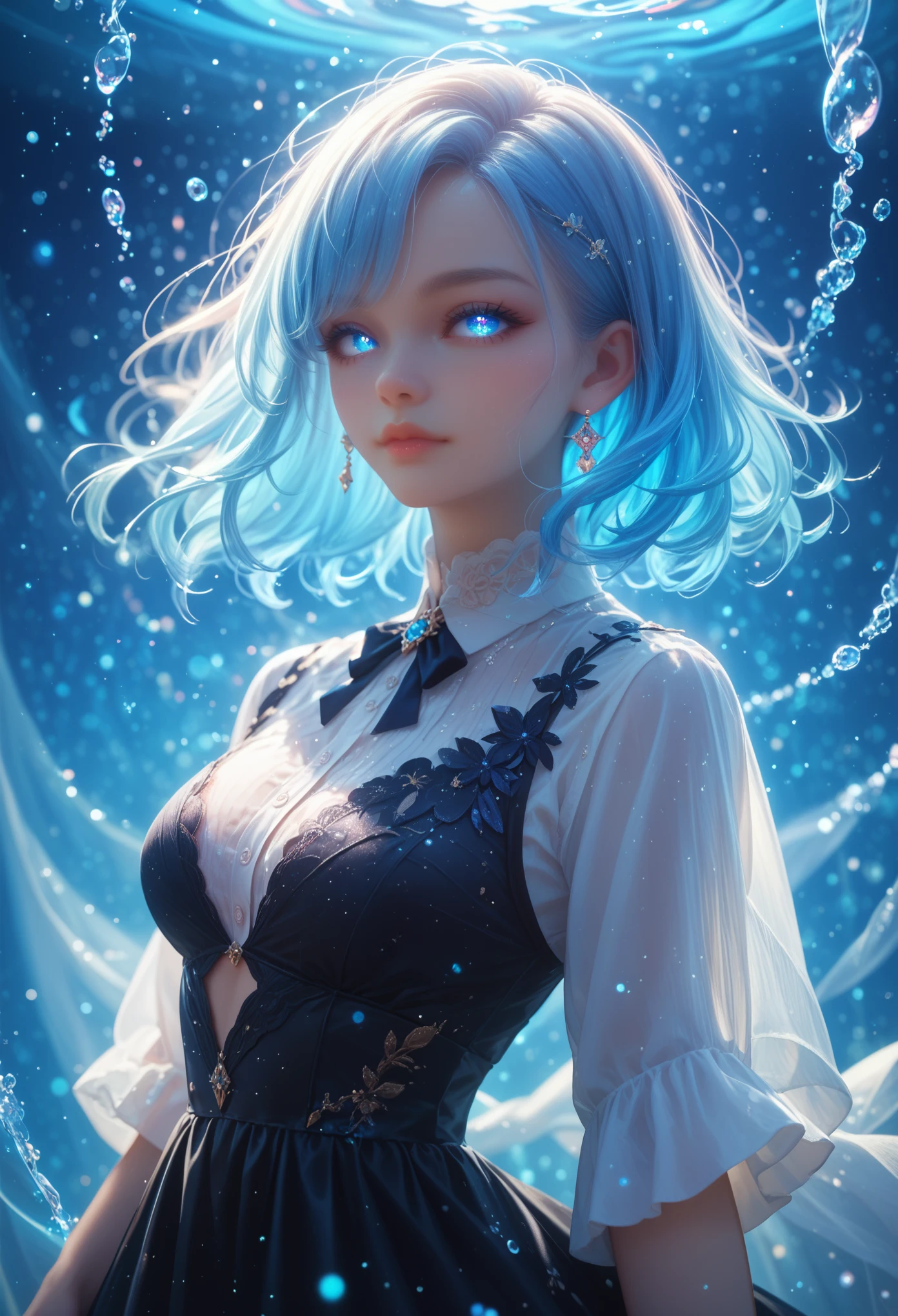 ((masterpiece)), (best quality), (detailed), (1 girl), (internal data flow) Light Blue Gradient Hair, light blue glowing eyes, straight hair, in a modern white shirt and black dress, covered in data particles, locked by the neck