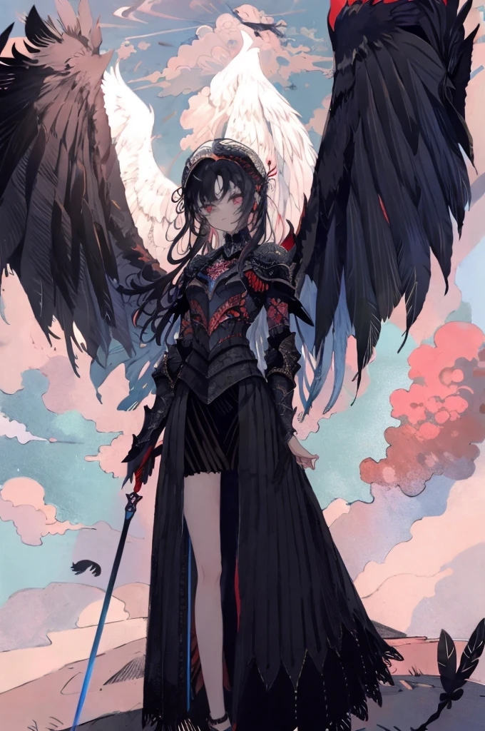 ((Best Quality)), ((masterpiece)), (detailed),An angel with large black wings of a bird of prey, knees raised to chest,Red Mesh,Looking Down,Feet out of the screen, Dynamic Wing,Makeup,Black Armor,Sacred atmosphere,Helmet with feathers, （Long black hair,Red Mesh),blue eyes,Beautiful Face,Slim and toned body.,Brave, (Long Greaves),Sheer long skirt,Has a long sword,Above the clouds,blue sky,Floating,