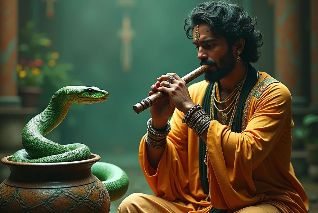 When a man dressed as an Indian blew a flute, a green snake came out of a pot, A stuffed snake, ((masterpiece, highest quality, Highest image quality, High resolution, photorealistic, Raw photo, Extremely detailed CG unified 8k wallpaper)), (Huge and stunning goddess shot, Very hot and sexy, Incredible beauty, Perfect Proportions, Beautiful body, Slim body beauty:1.4),