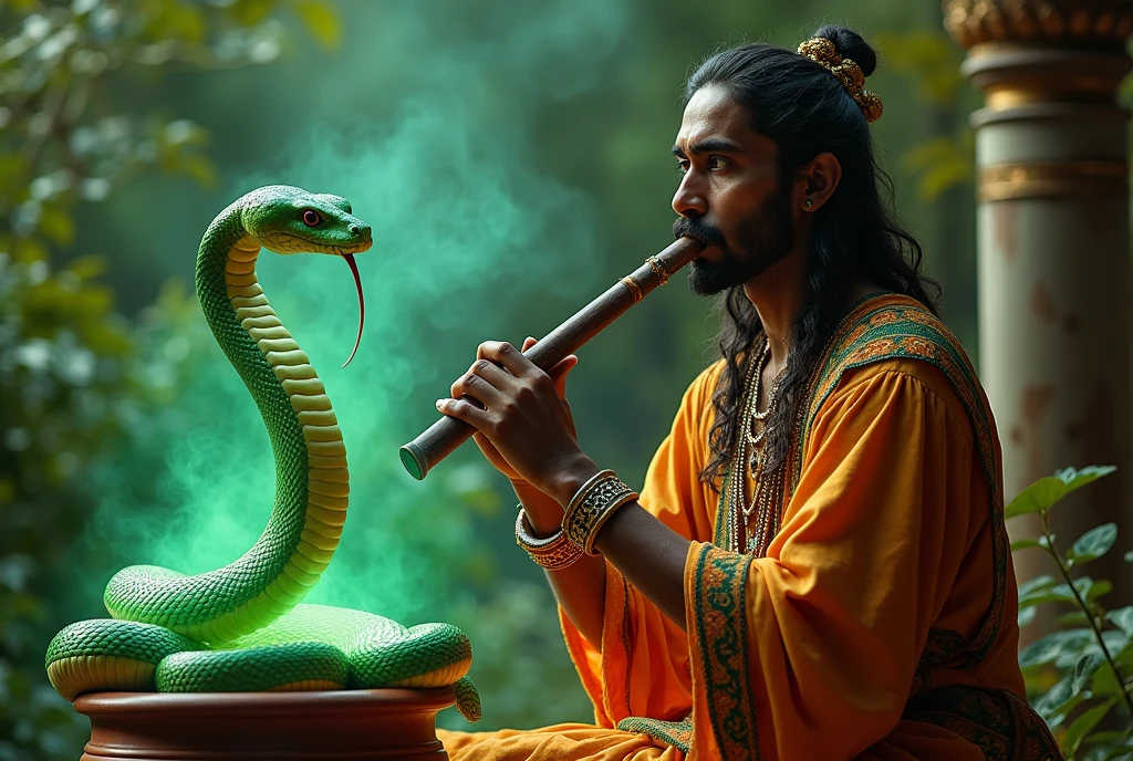 When a man dressed as an Indian blew a flute, a green snake came out of a pot, A stuffed snake, ((masterpiece, highest quality, Highest image quality, High resolution, photorealistic, Raw photo, Extremely detailed CG unified 8k wallpaper)), (Huge and stunning goddess shot, Very hot and sexy, Incredible beauty, Perfect Proportions, Beautiful body, Slim body beauty:1.4),