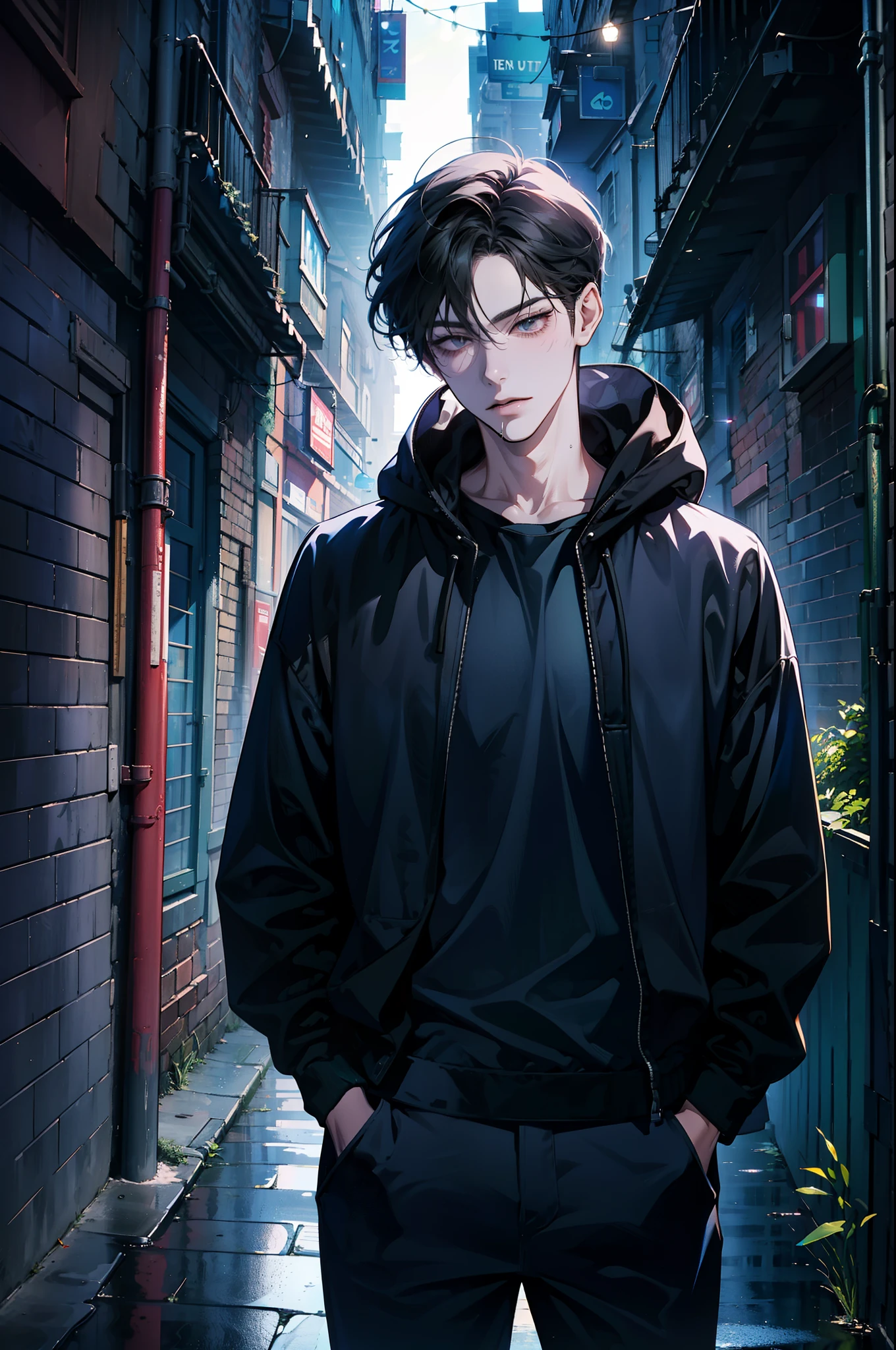 A tall man standing in a dimly lit alleyway, wearing a dark grey hoodie with the hood pulled up, partially obscuring his face. The alley is wet from a recent rain, reflecting the neon lights from nearby signs. His hands are in his pockets, and he’s leaning casually against a brick wall, with steam rising from a nearby grate. The scene feels mysterious, as shadows dance across his figure, adding to the air of intrigue and secrecy around him.