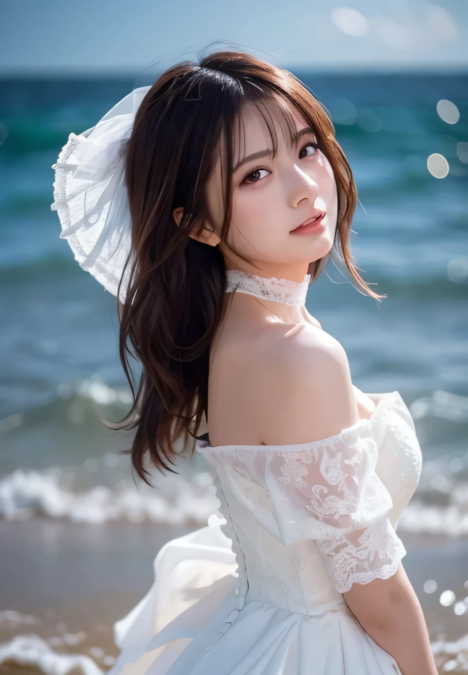 masutepiece, Best Quality, Illustration, Ultra-detailed, finely detail, hight resolution, 8K Wallpaper, Perfect dynamic composition, Beautiful detailed eyes , Sexy face,Face feeling ecstasy,Face at the peak of sexual arousal,face of a woman feeling ,beauty legs, Wedding Dress、long wedding lace、Choker、Half Up、Very Long Hair、Off the shoulder、sea、In the water、rain、Strong winds、Big Wave、Sexy pose、Wet Hair、Wet Skin、Very delicate face、night、moonlight、Backlight、Hair blowing in the wind