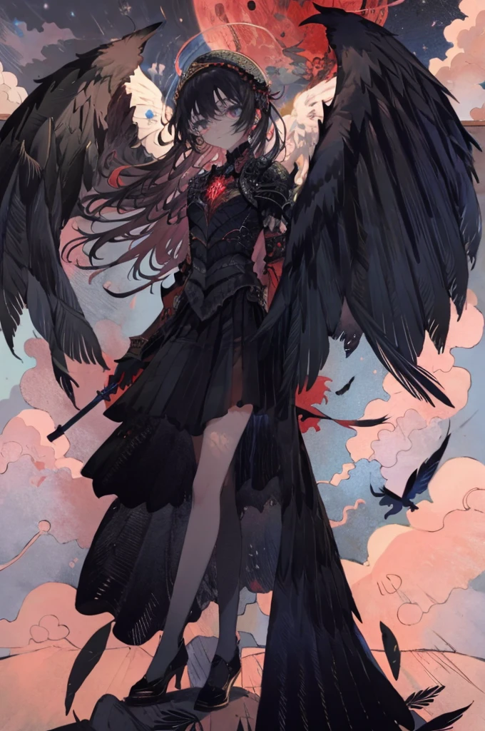 ((Best Quality)), ((masterpiece)), (detailed),An angel with large black wings of a bird of prey, knees raised to chest,Red Mesh,Looking Down,Feet out of the screen, Dynamic Wing,Makeup,Black Armor,Dark Image,Helmet with feathers, （Long black hair,Red Mesh),blue eyes,Beautiful Face,Slim and toned body.,Brave, (Long Greaves),Sheer long skirt,Has a long sword,Above the clouds,Night Sky,Floating,