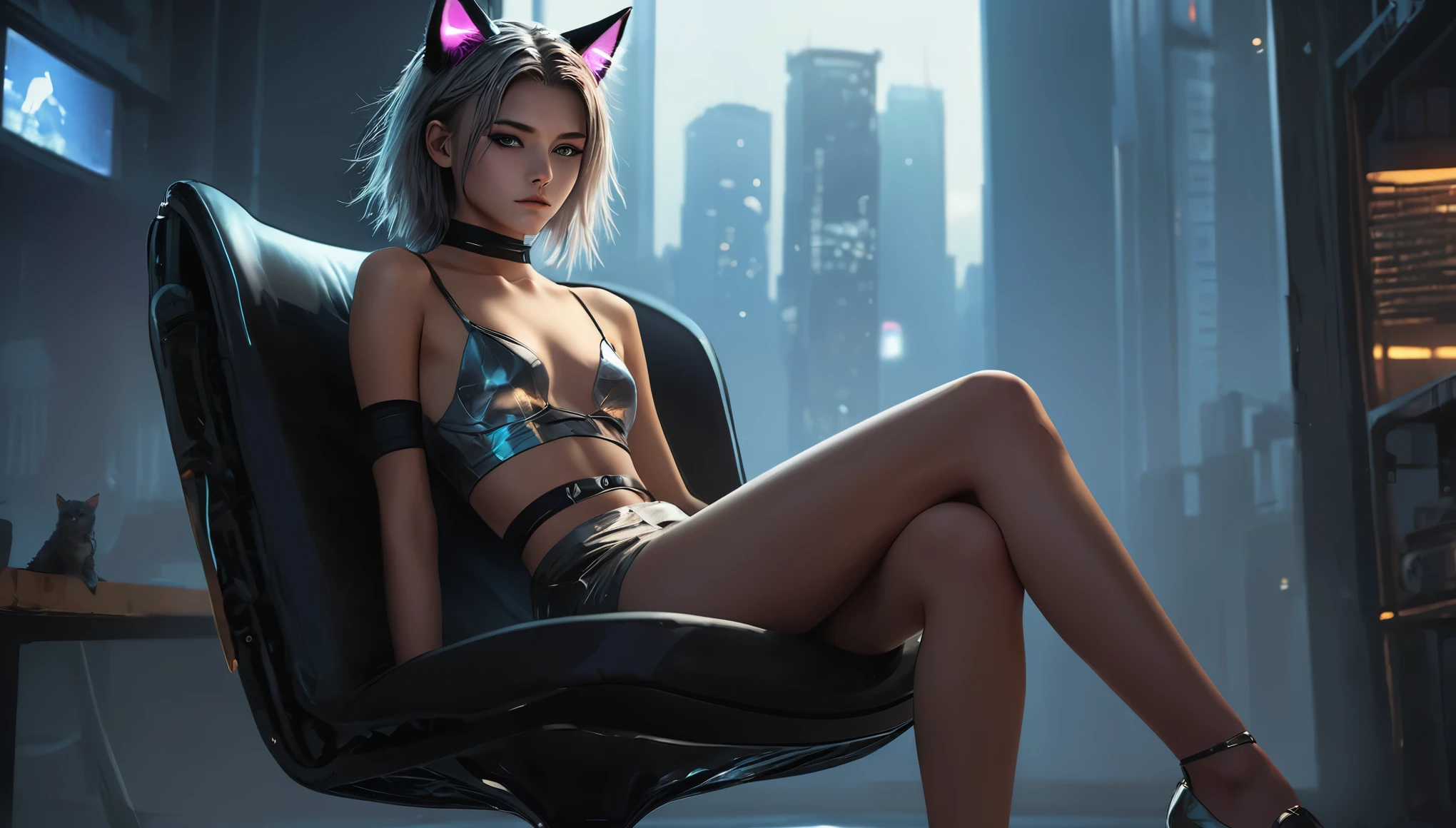 8k, super detail, best quality, UHD, textured skin, ((((barely ***** girl, with cat ears and choker, in a shiny silky crop top with revealing and plunging cleavage)))), ((small perky breasts, beautiful detailed eyes, beautiful detailed lips, small closed mouth, extremely detailed face, pale skin, random long hairstyle, small hips, in a cyberpunk apartment sitting on a chair, fear on the face)), moody atmosphere, dramatic and random colors, futuristic setting, intricate details, night, backlight, full body shot, view from a distance, random pose