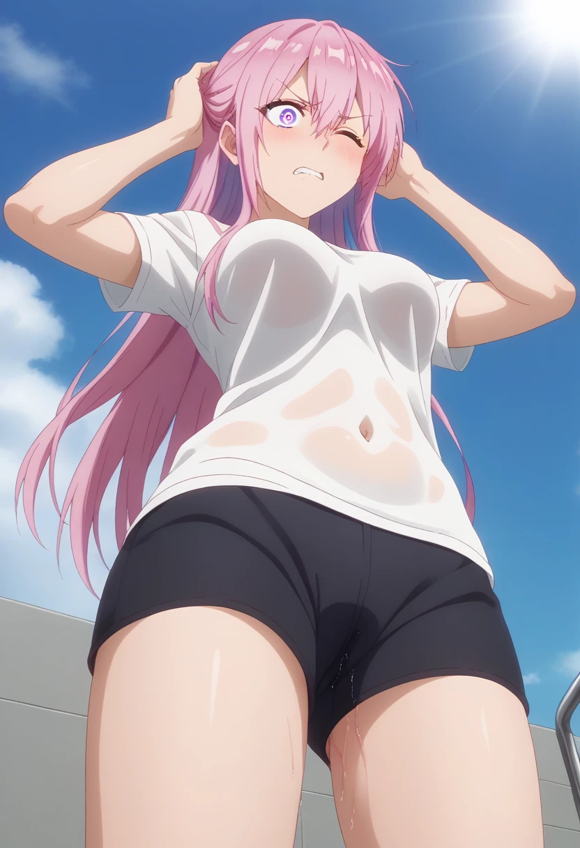 (8K, top-quality, masterpiece:1.2), (reallistic, Photorealsitic:1.37), Super Detail, One girl,), (Highly detailed), (beautifully detailed eyes), (of the highest quality), (super detailed ), (masterpiece), (Detailed face),20yr old, ,1 girl, ((pink hair,long hair)), medium breasts, clothed, Perfect Lighting, BREAK, (white shirt:1.5), (cotton:1.2), (soft:1.2), (casual:1.2), (loose:1.2), (rolled-up sleeves:1.2), (dark shorts:1.3), (white socks:1.2), (white sneakers:1.2), (gold accessories:1.1), (silver accessories:1.1), BRAKE, (upper body to thighs:1.2), (pink long hair:1.2), (waves:1.1), (shoulder-length:1.1), (expression of discomfort:1.2), (wiping sweat:1.2), (flapping shirt:1.2), (facing forward:1.1), (looking at viewer:1.1), (leaning forward:1.1), (park background:1.2), (summer lighting:1.2), BRAKE (sweat:1.5), (steam:1.2), (masturbation:1.2), (girl trembling with sexual climax:1.1), (looking at viewer:1.3), (open mouth, drool:1.2), (purple bra: 1.3),  (erect nipples:1.2),

