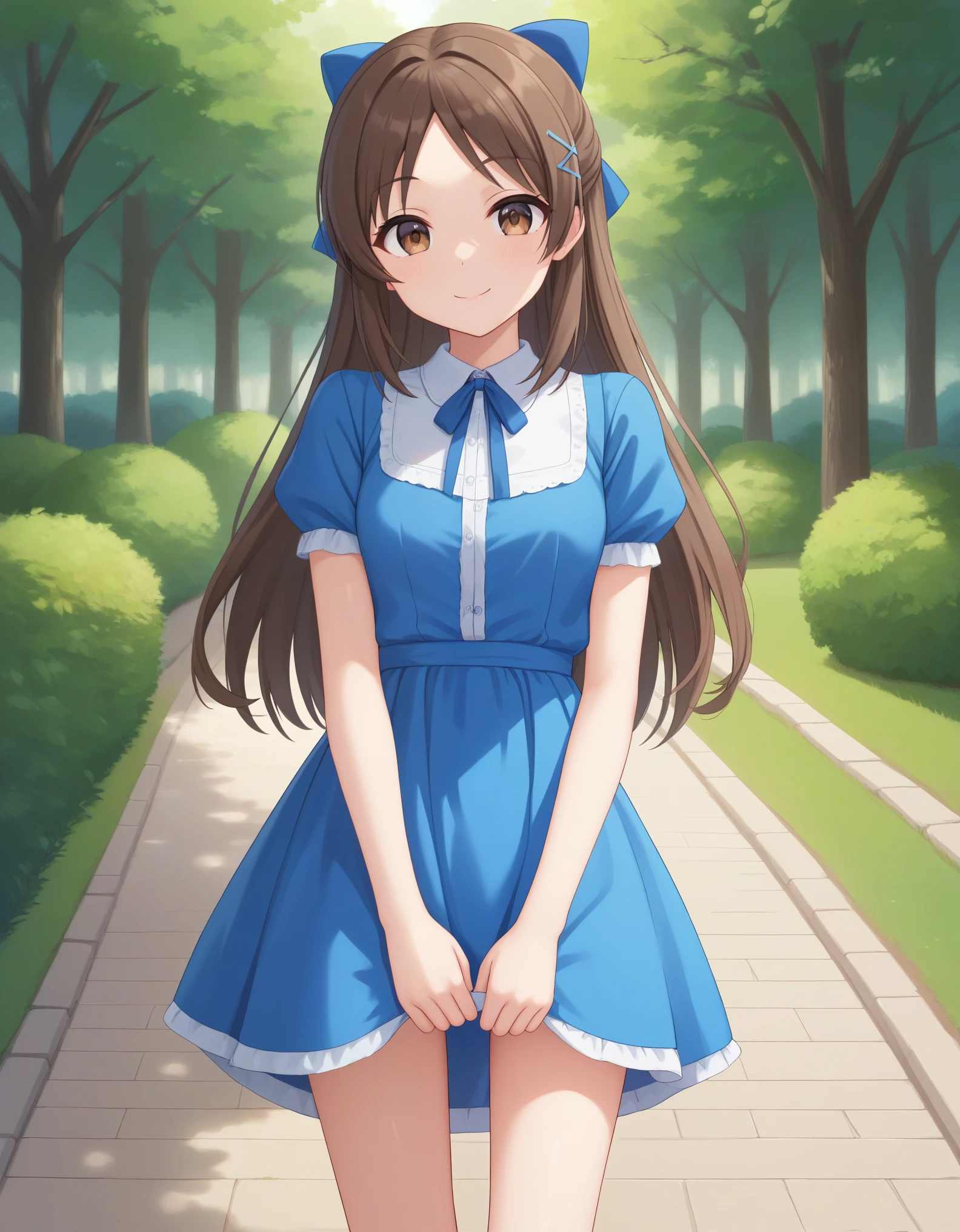 best quality,masterpiece,   4k, best quality 
1girl, solo,tachibana arisu, brown hair, brown eyes, long hair, bangs, tcbnarisu_AA , blue dress,hair bow, standing,smile ,cowboy shot,  looking at viewer, outdoor, park
